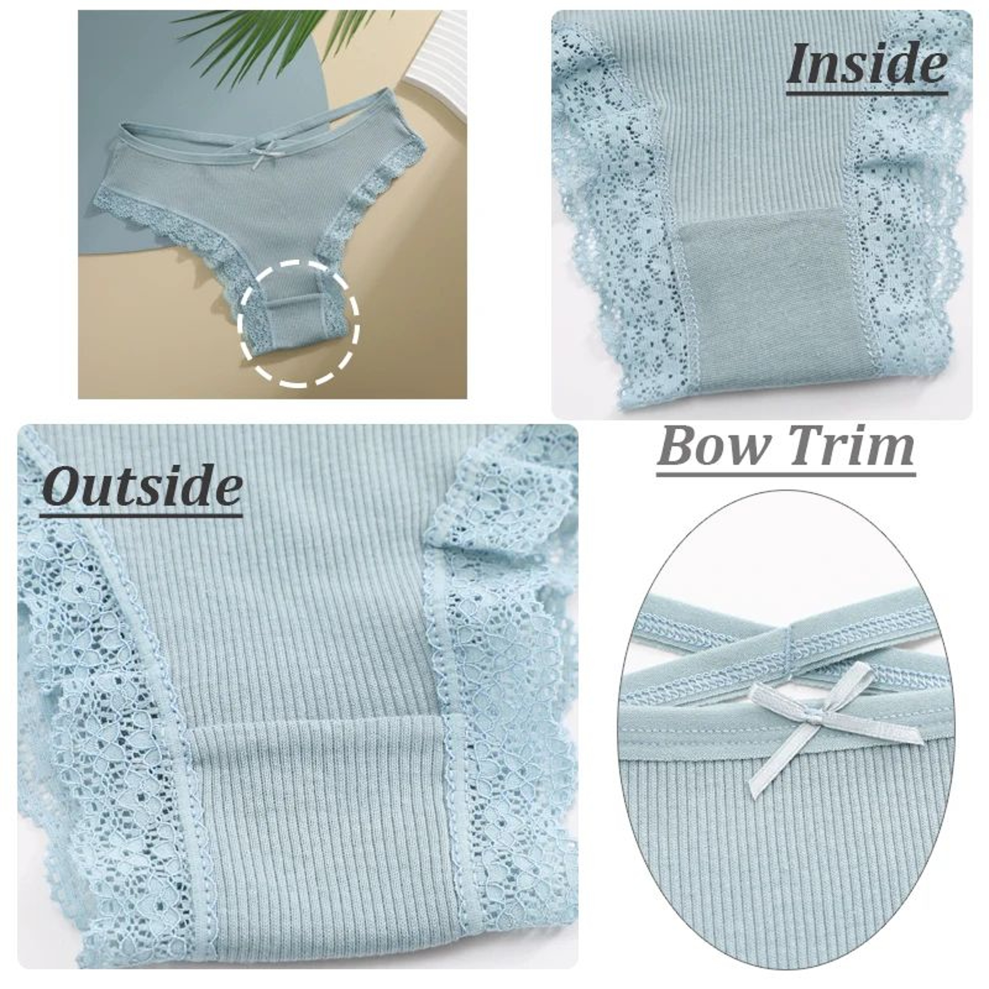 Womens 3Piece Cotton LowRise Lace Brazilian Panties Set Breathable Soft Underwear SXL 2