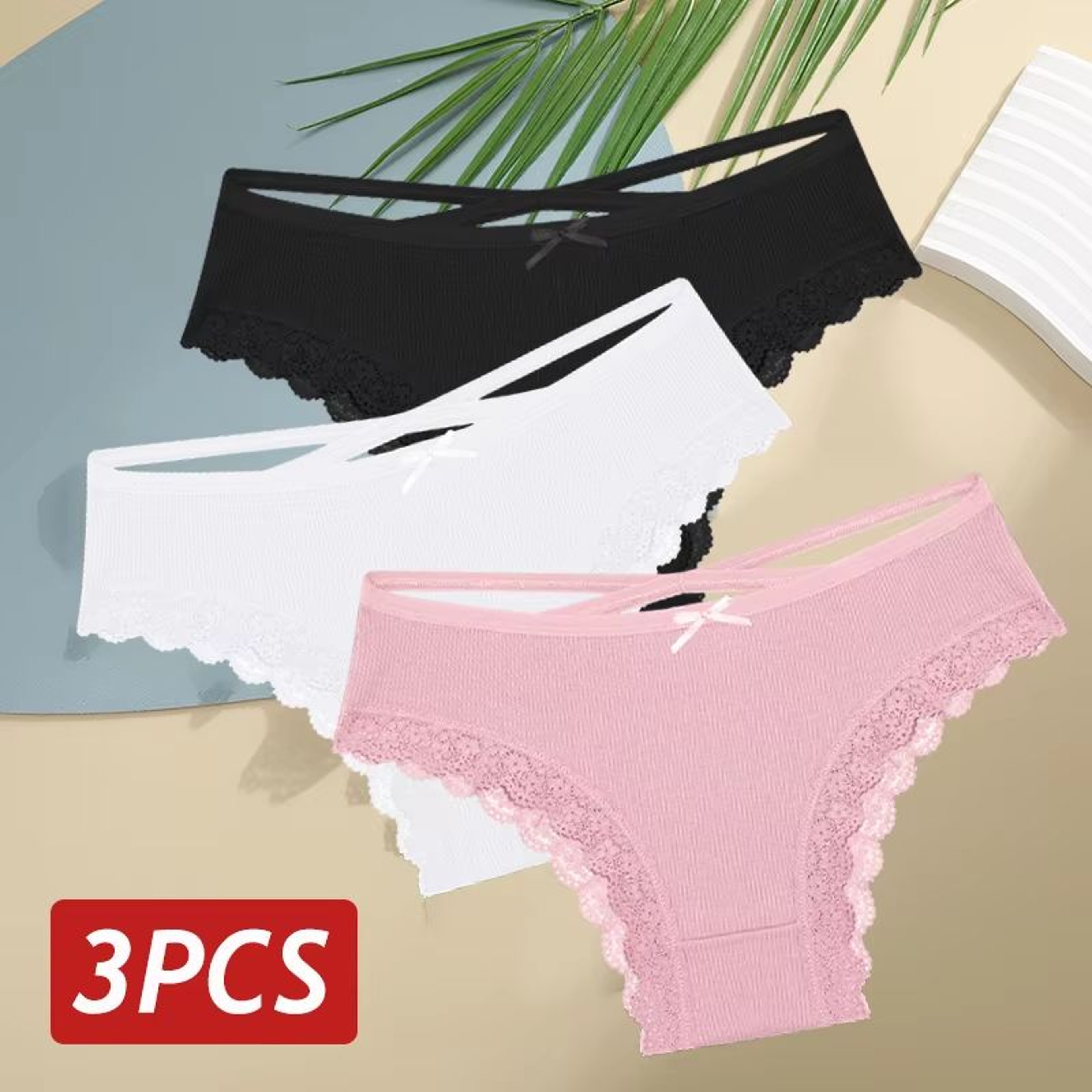 Womens 3Piece Cotton LowRise Lace Brazilian Panties Set Breathable Soft Underwear SXL 8