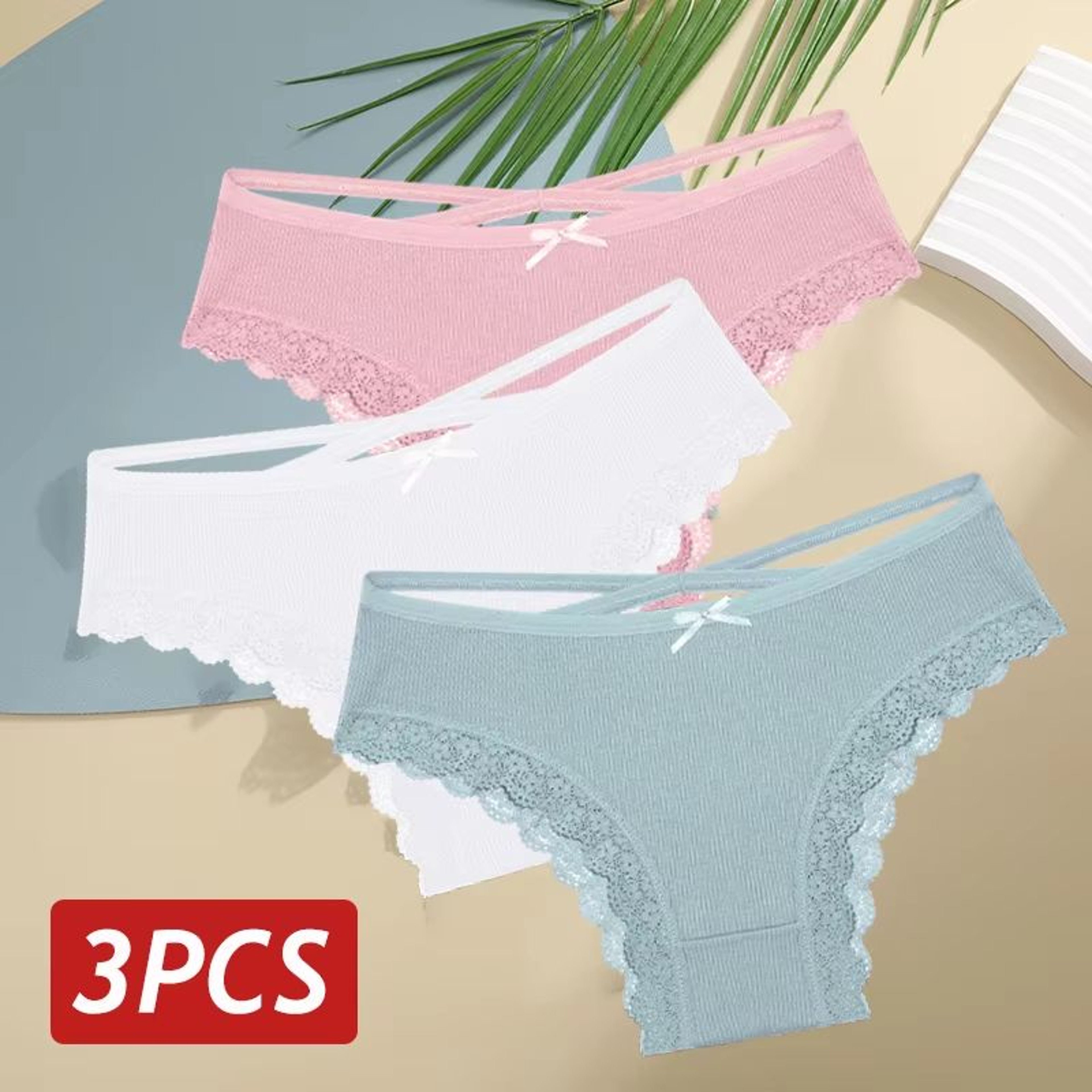 Womens 3Piece Cotton LowRise Lace Brazilian Panties Set Breathable Soft Underwear SXL 21