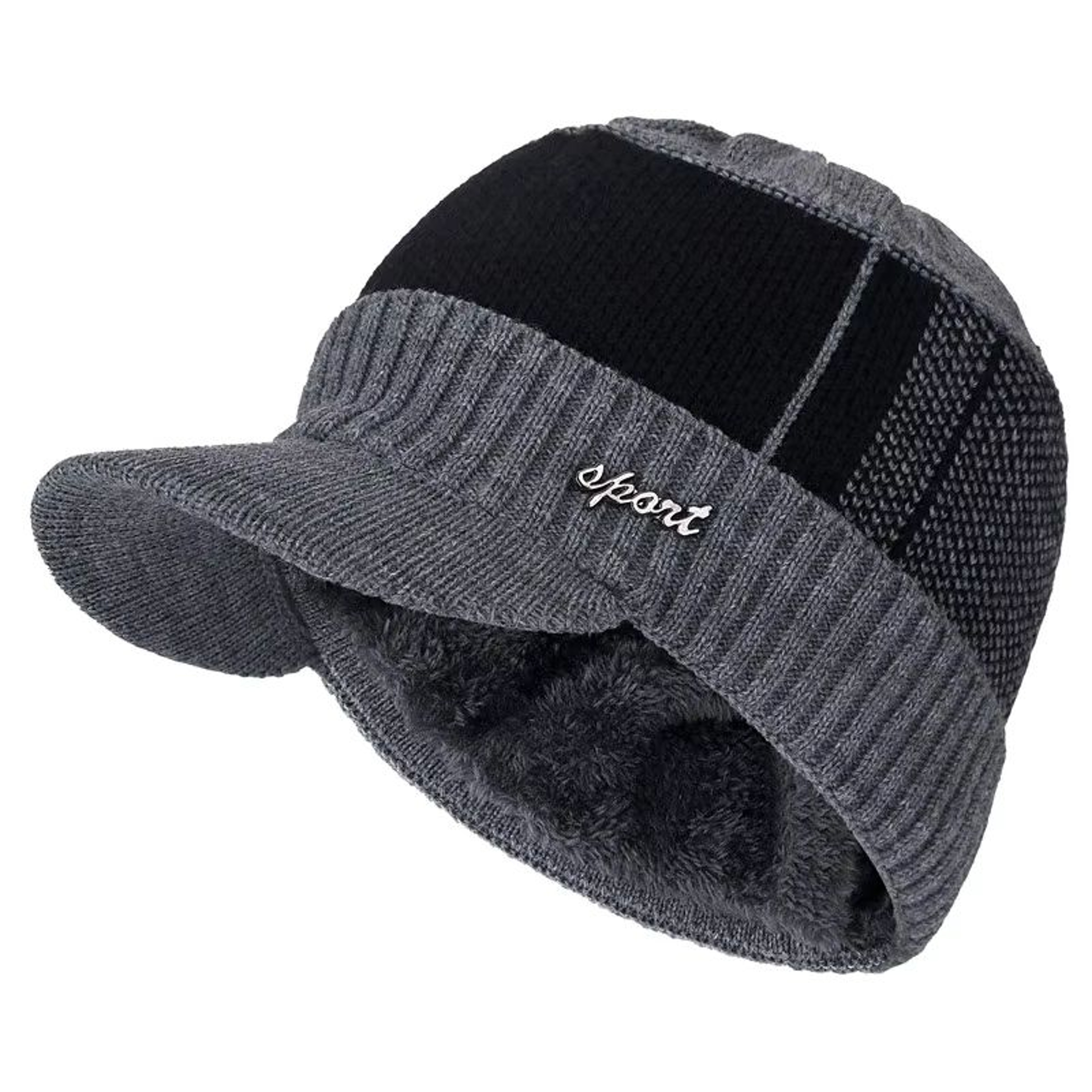 Unisex Fur Lined Beanie Hat With Brim Thick Warm Knit Winter Cap 10