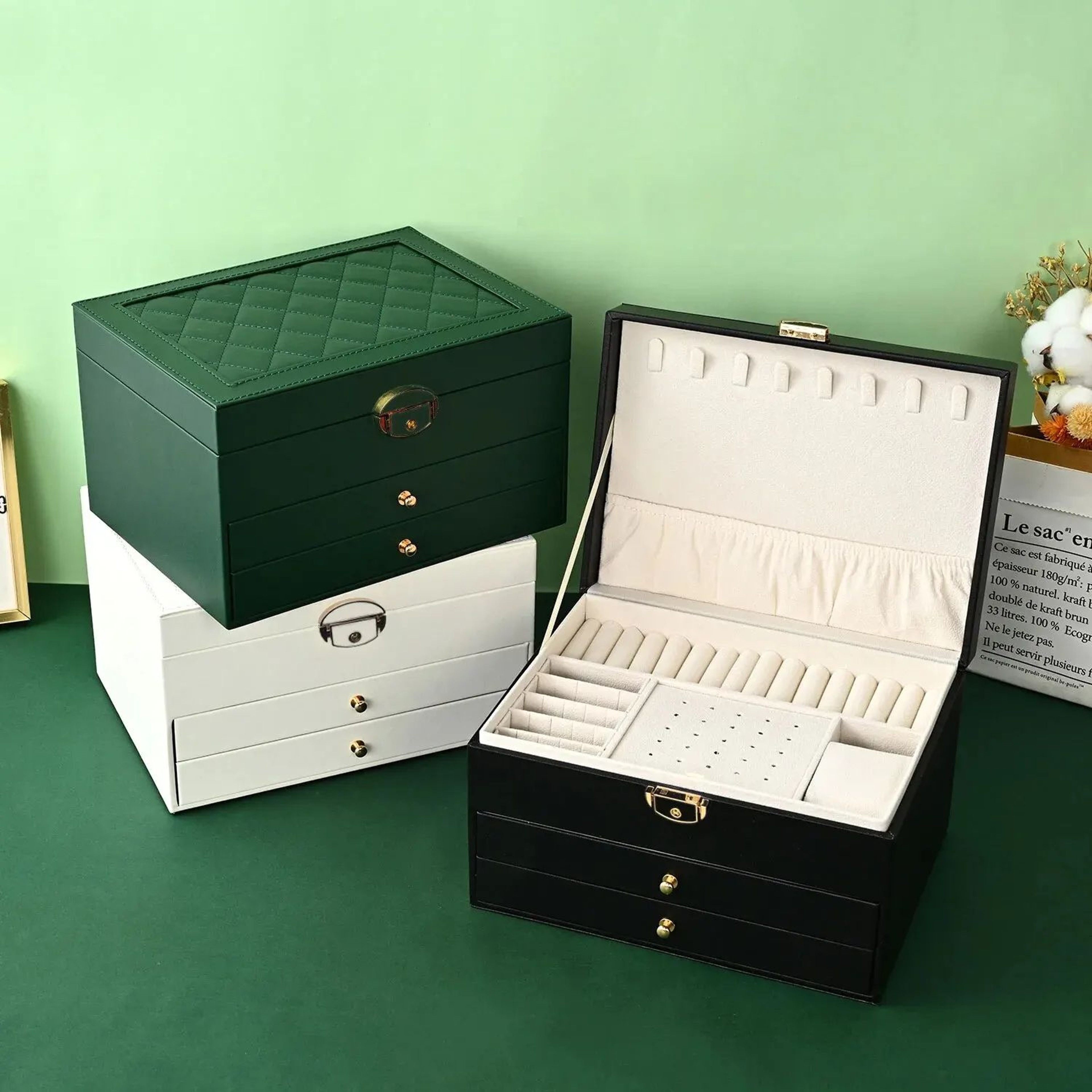 Large Jewelry Box With Multi Layer Drawers Velvet Lined Earring And Accessory Organizer 0