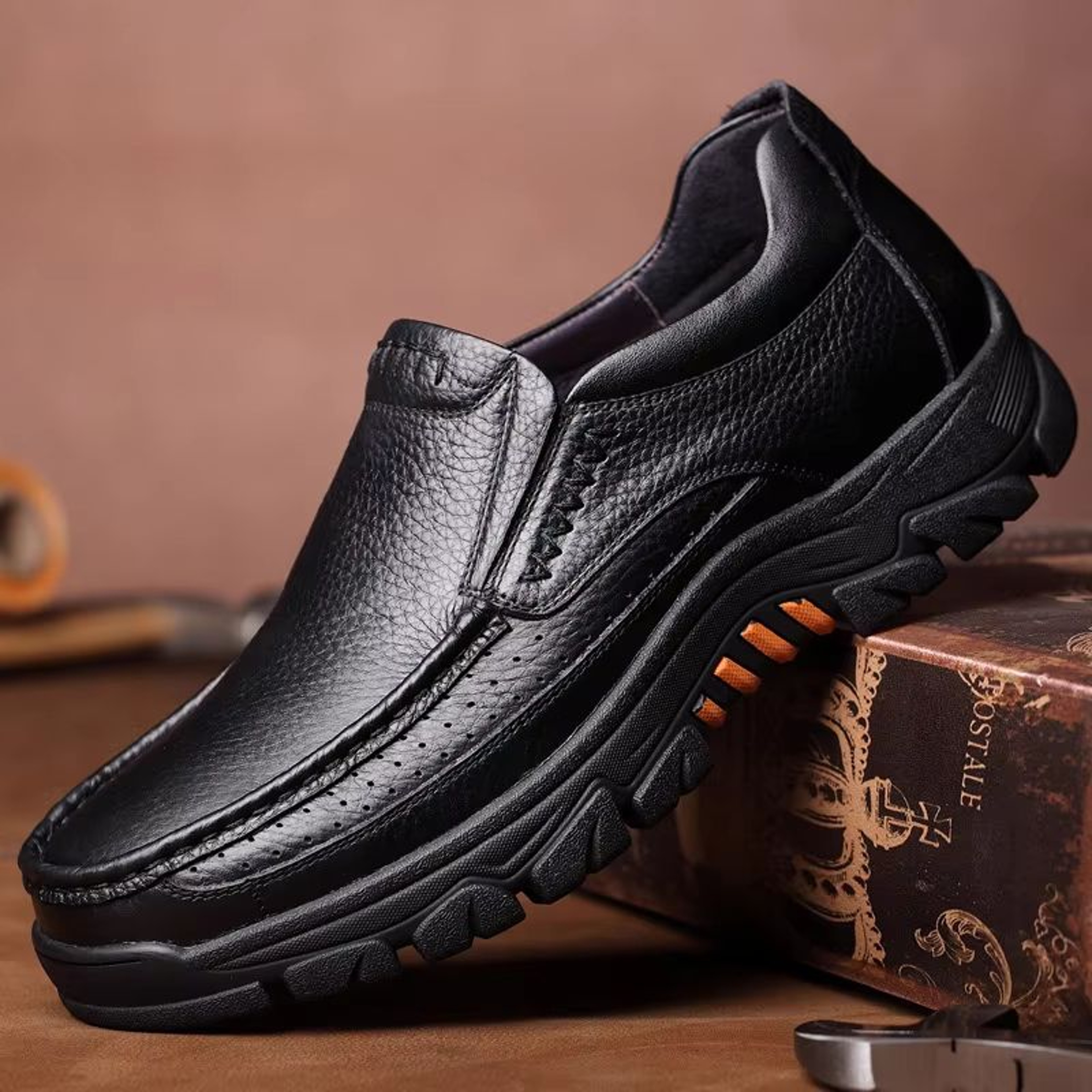 Genuine Leather Mens Slip On Loafers Thick Sole Cowhide Casual Work Shoes 3