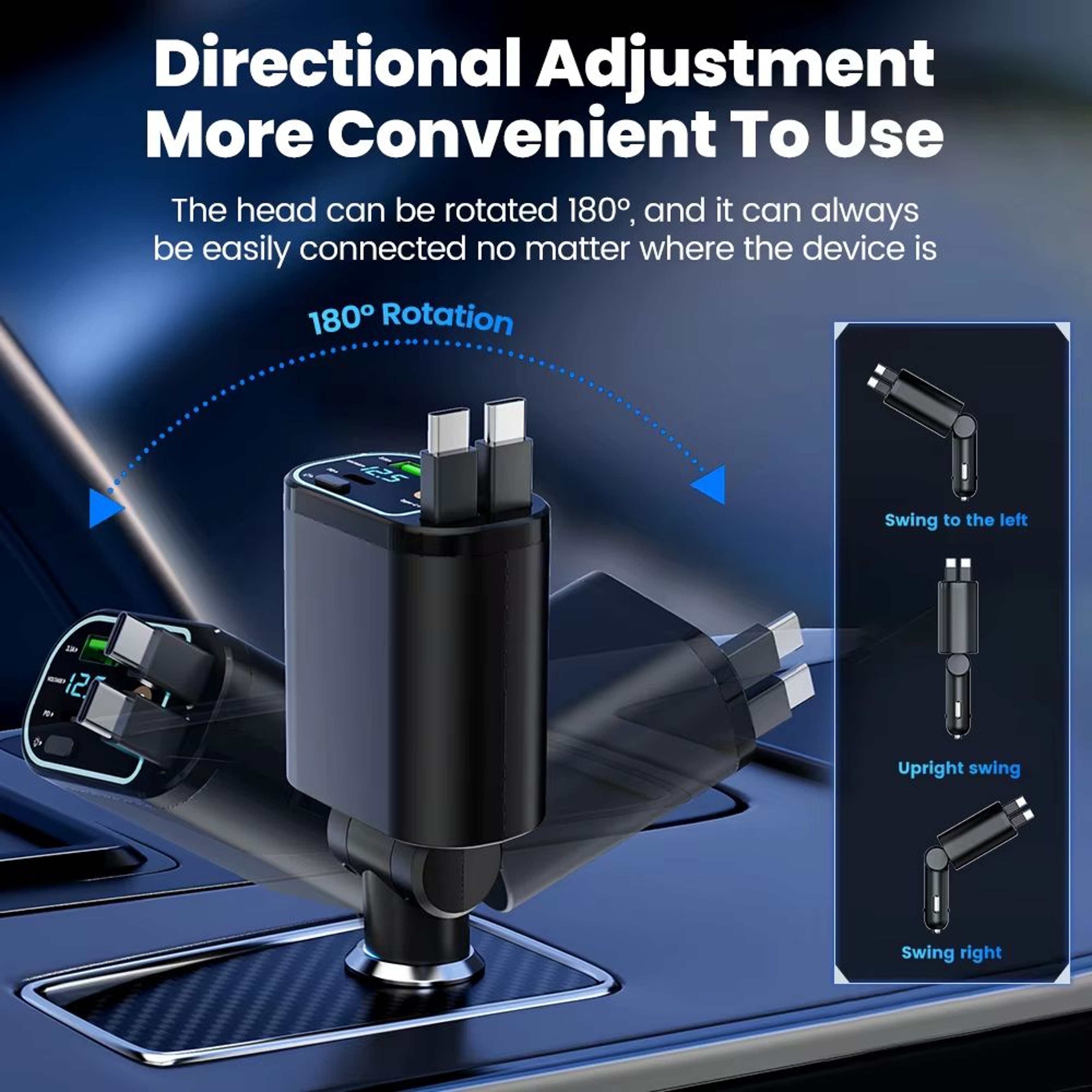 4 In 1 Retractable Car Charger With Dual Built In Cables And Star Light Effect 3