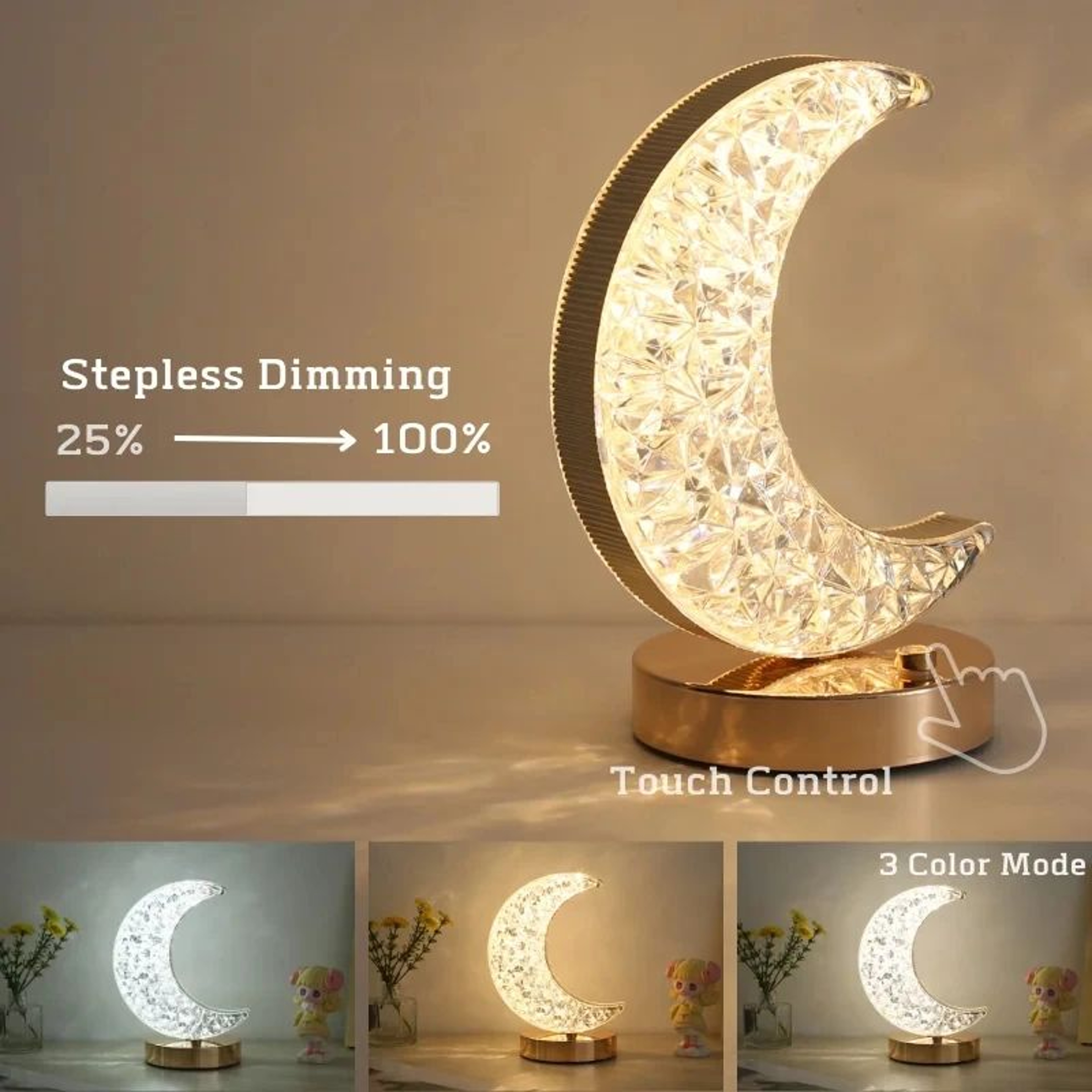 Crystal TouchDimming 3D Moon USB LED Night Light For Bedroom Ambient Decor 1