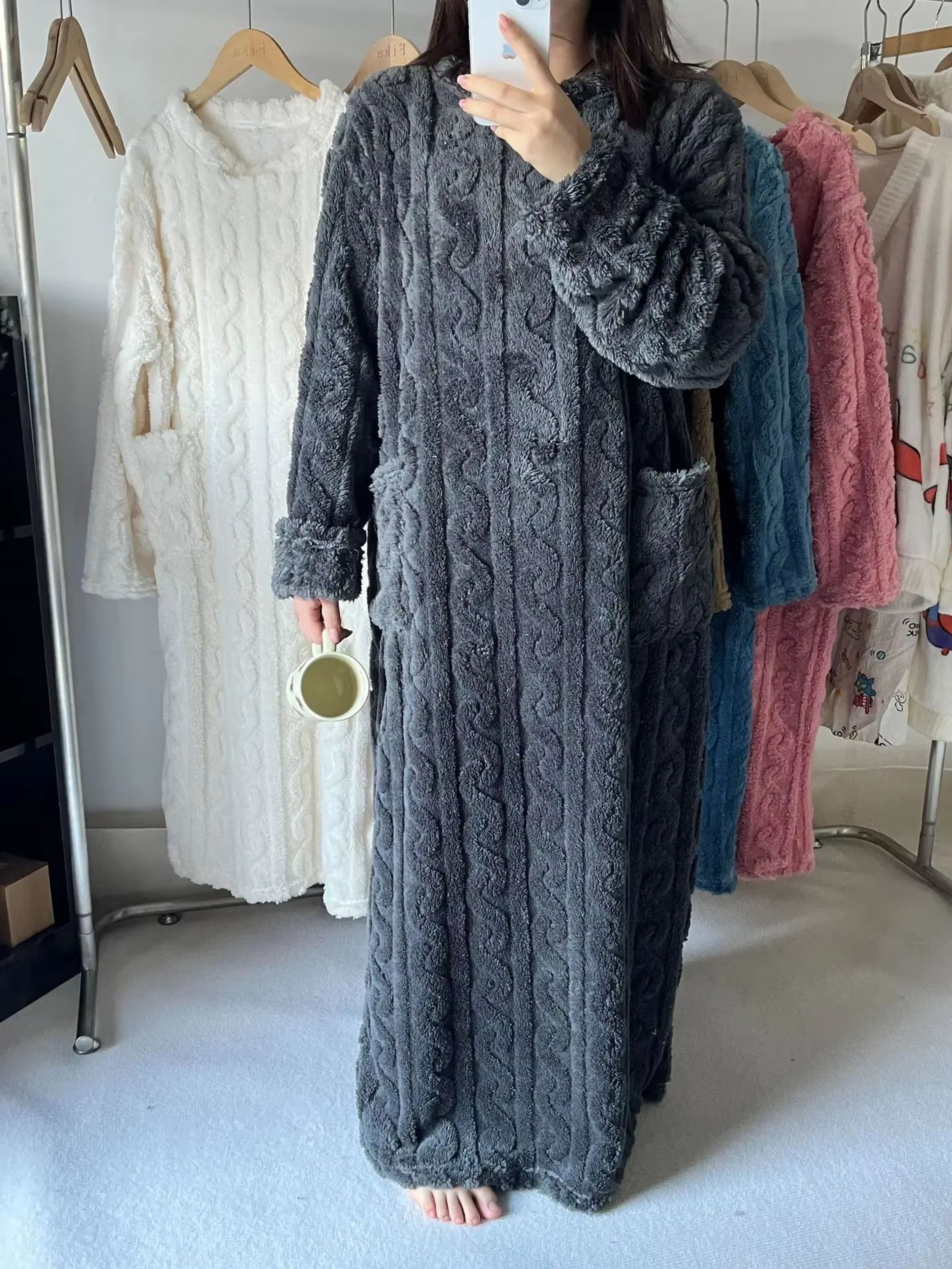 Womens Winter Coral Velvet Jacquard Sleepwear Gown Warm Loungewear 8