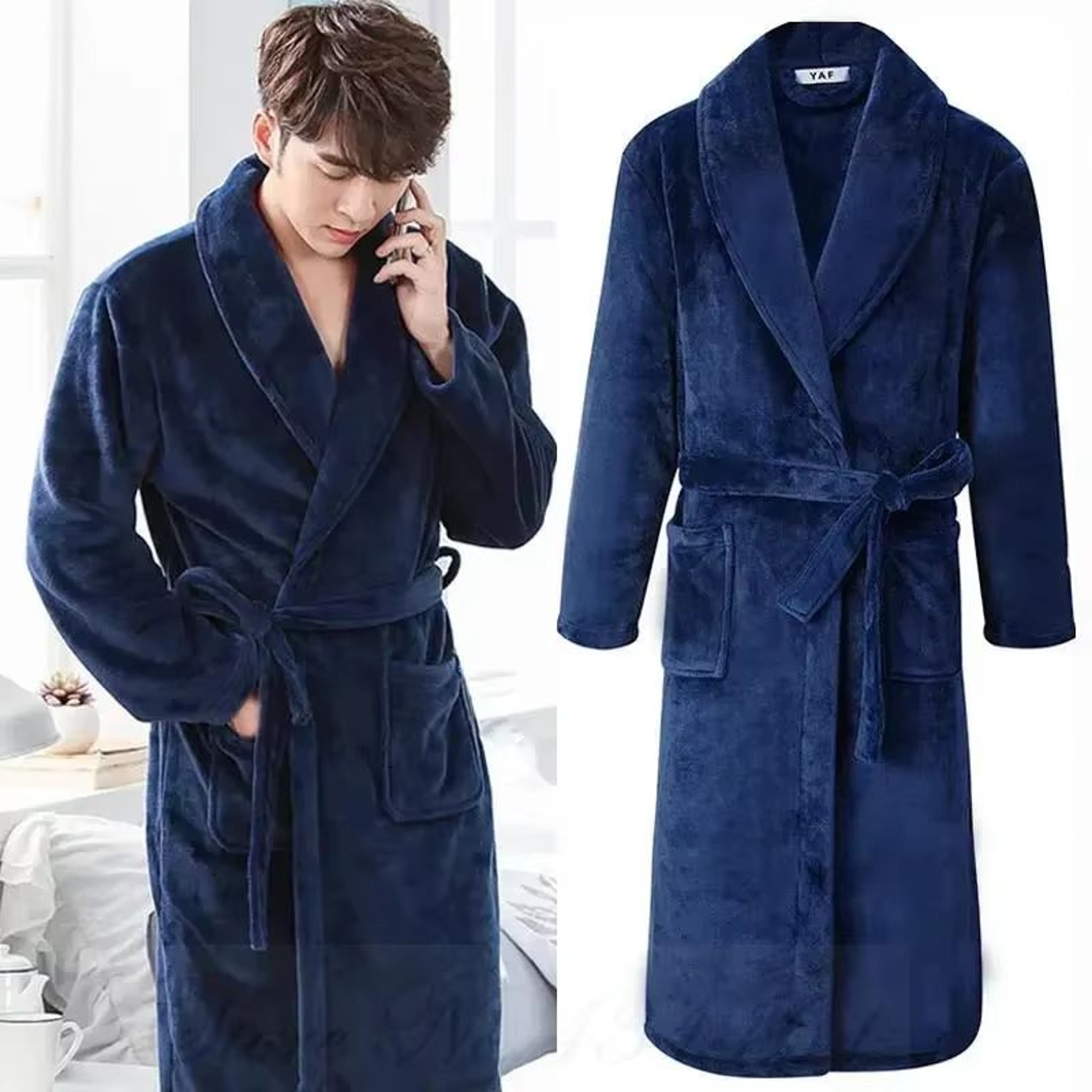 Plus Size Thick Flannel Mens Coral Fleece Kimono Bathrobe Loungewear 0