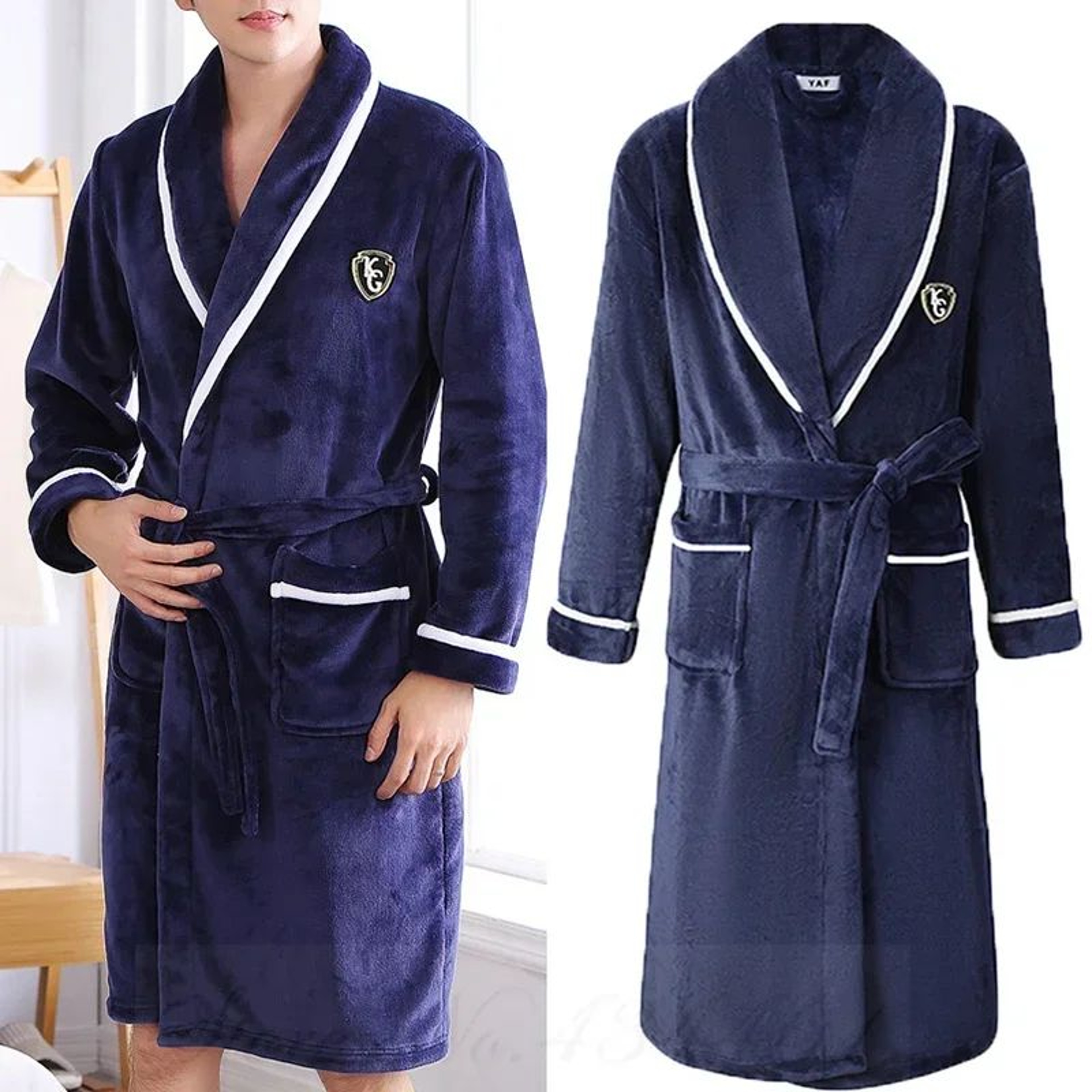 Plus Size Thick Flannel Mens Coral Fleece Kimono Bathrobe Loungewear 2