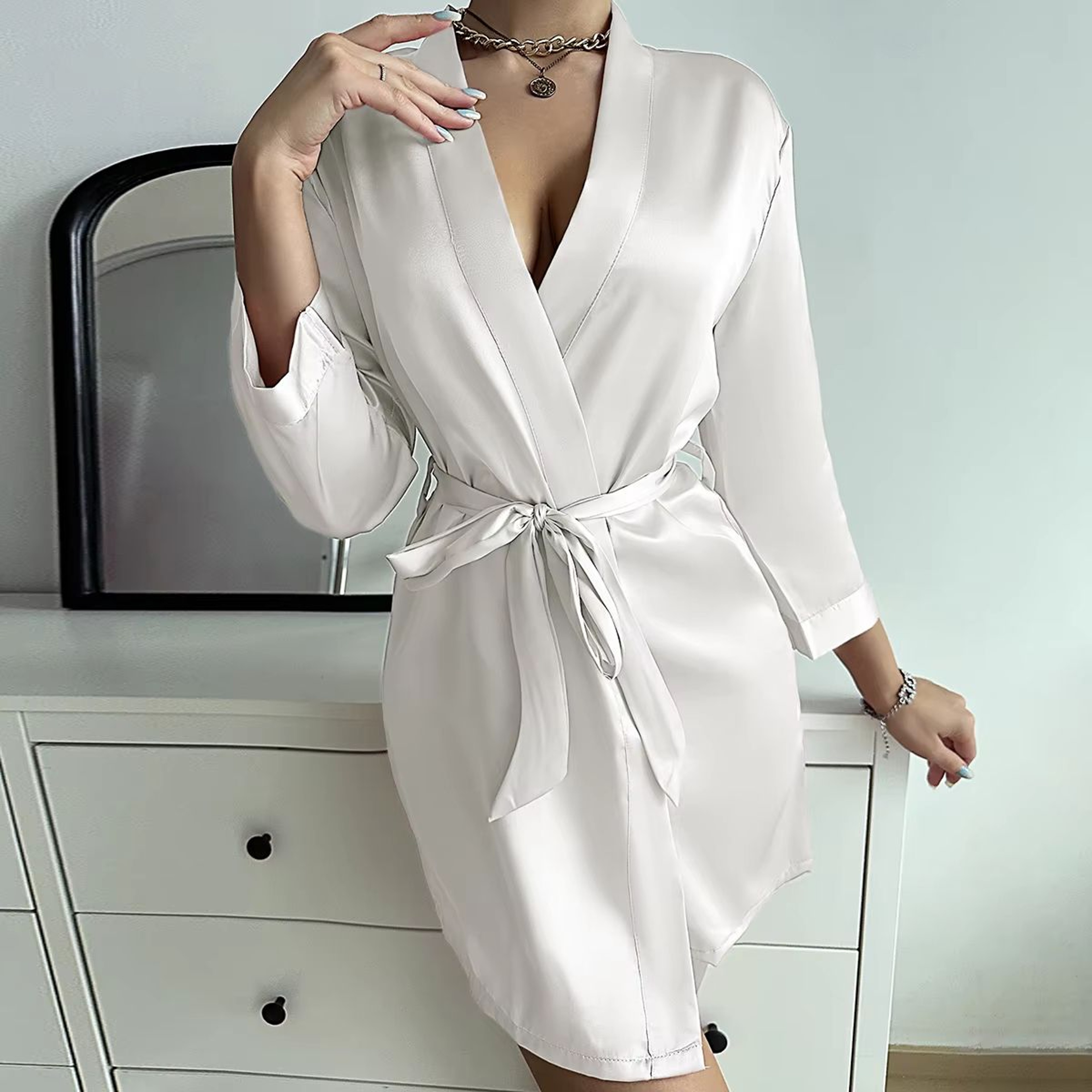 Womens Summer Ice Silk LaceUp Home Pajama Robe 3