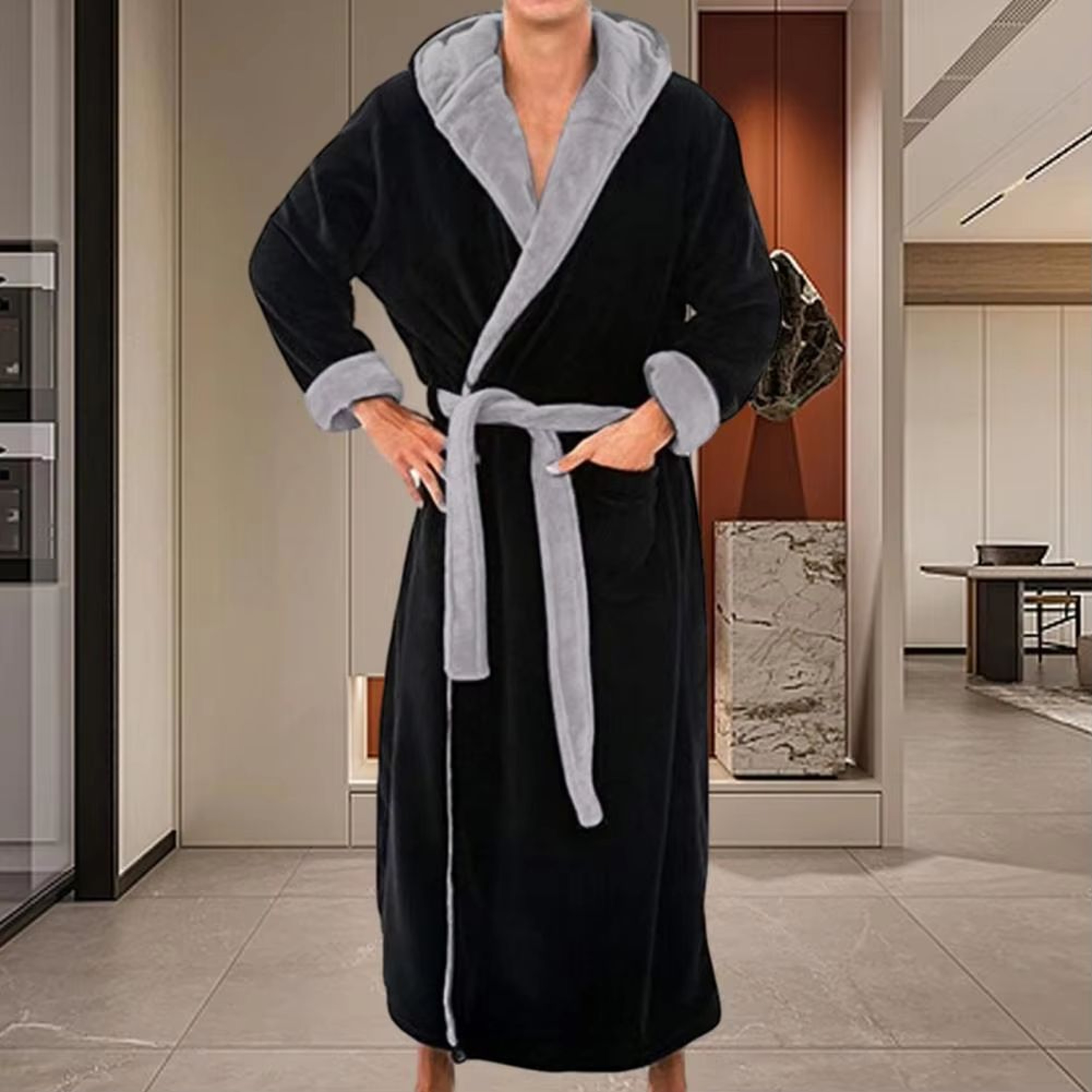 Mens Hooded Flannel Bathrobe Long Soft Lounging Sleepwear Robe 2