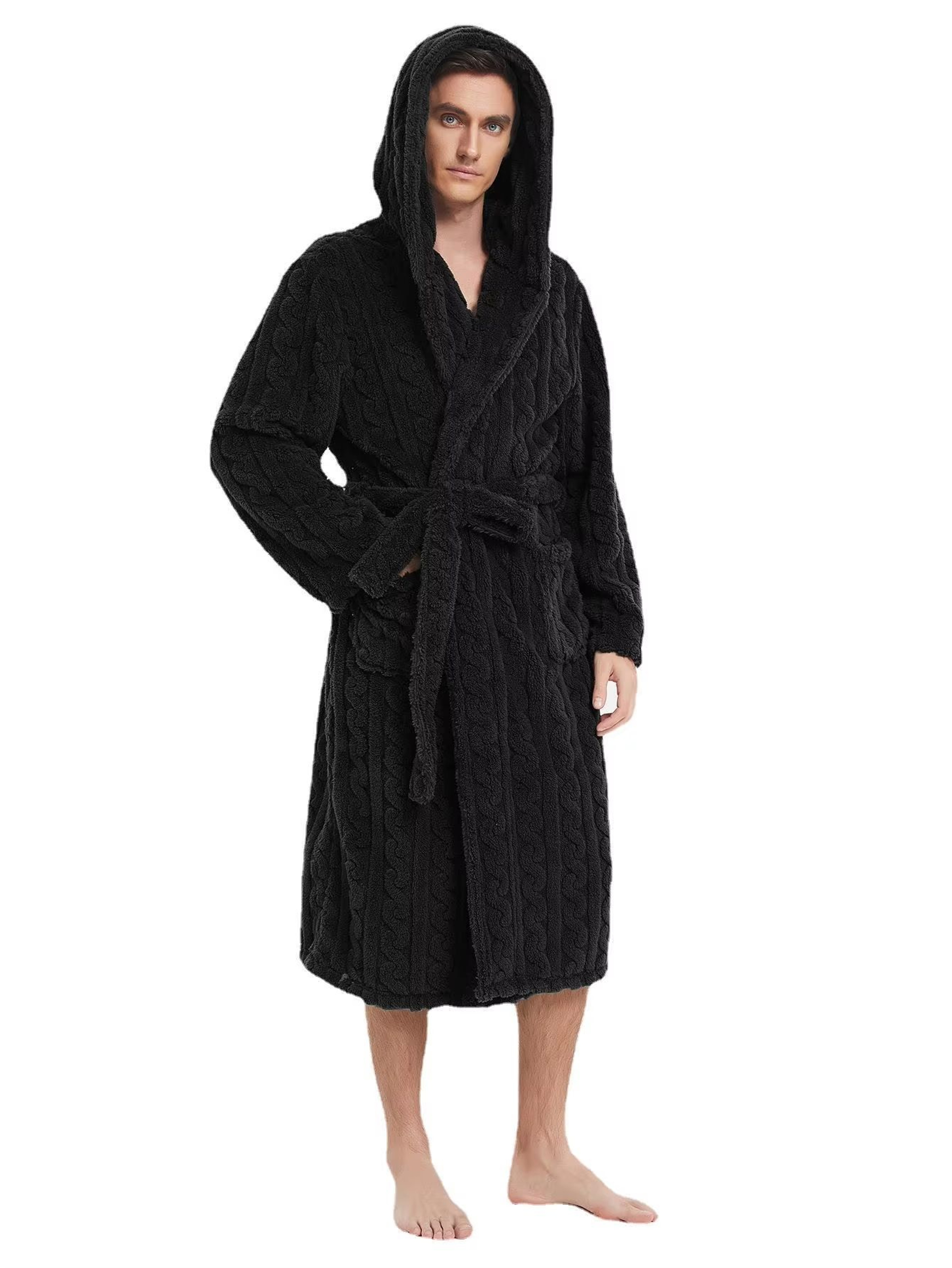 Mens Hooded Thickened Velvet Jacquard Warm Homewear Robe 6