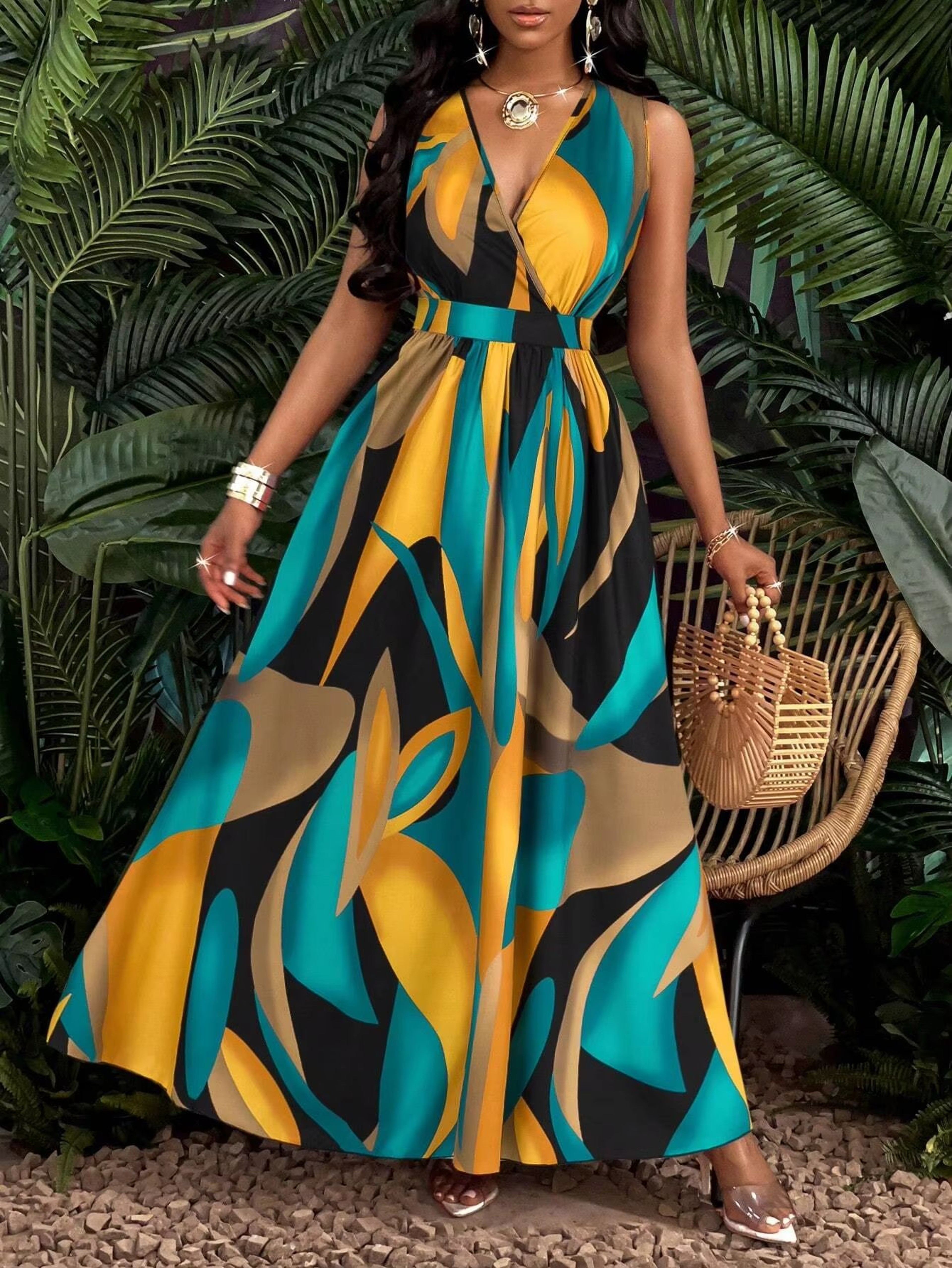 Tropical Print VNeck Maxi Dress For Women 5