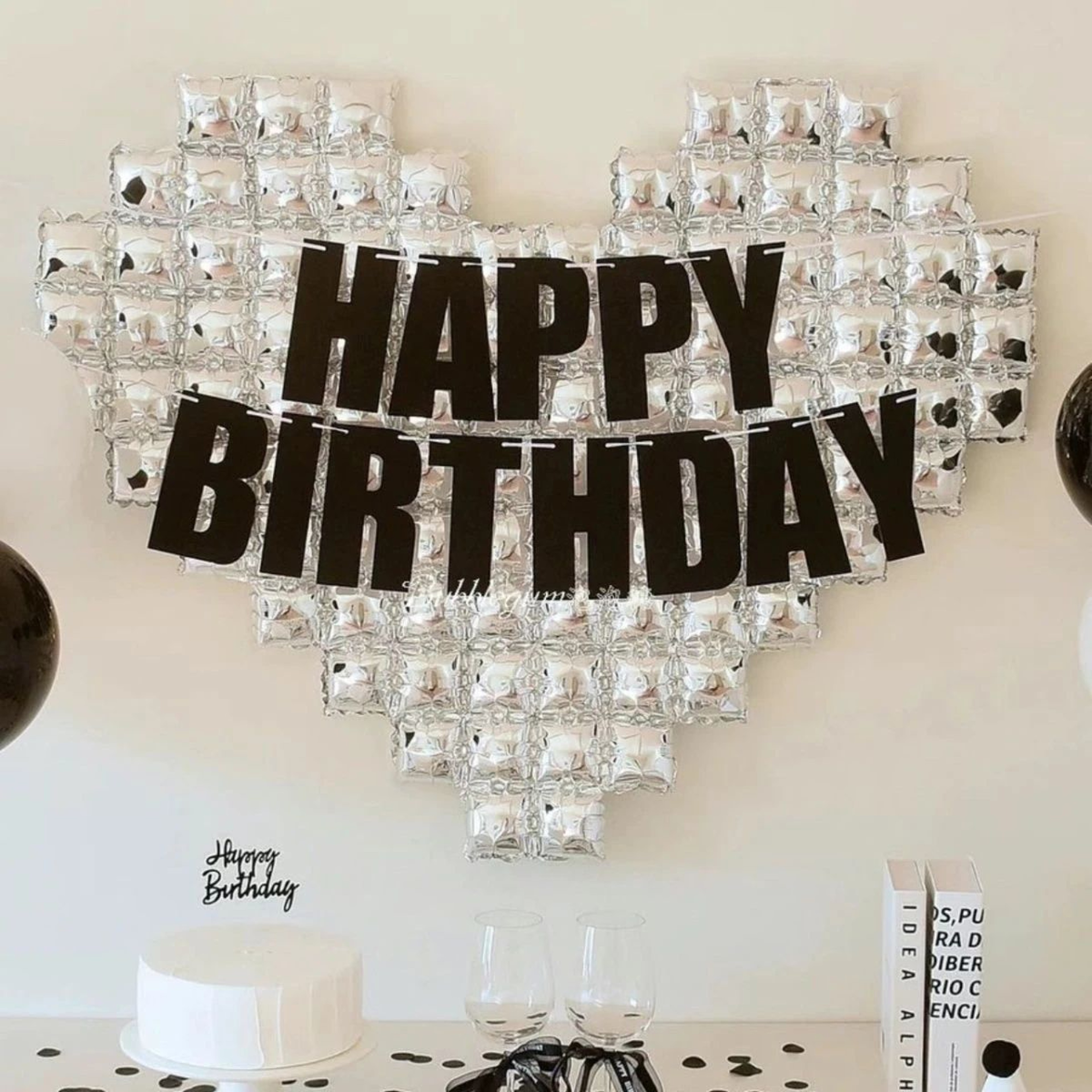 Happy Birthday Silver Mosaic Heart Balloon Backdrop With Black Glitter Banner 0