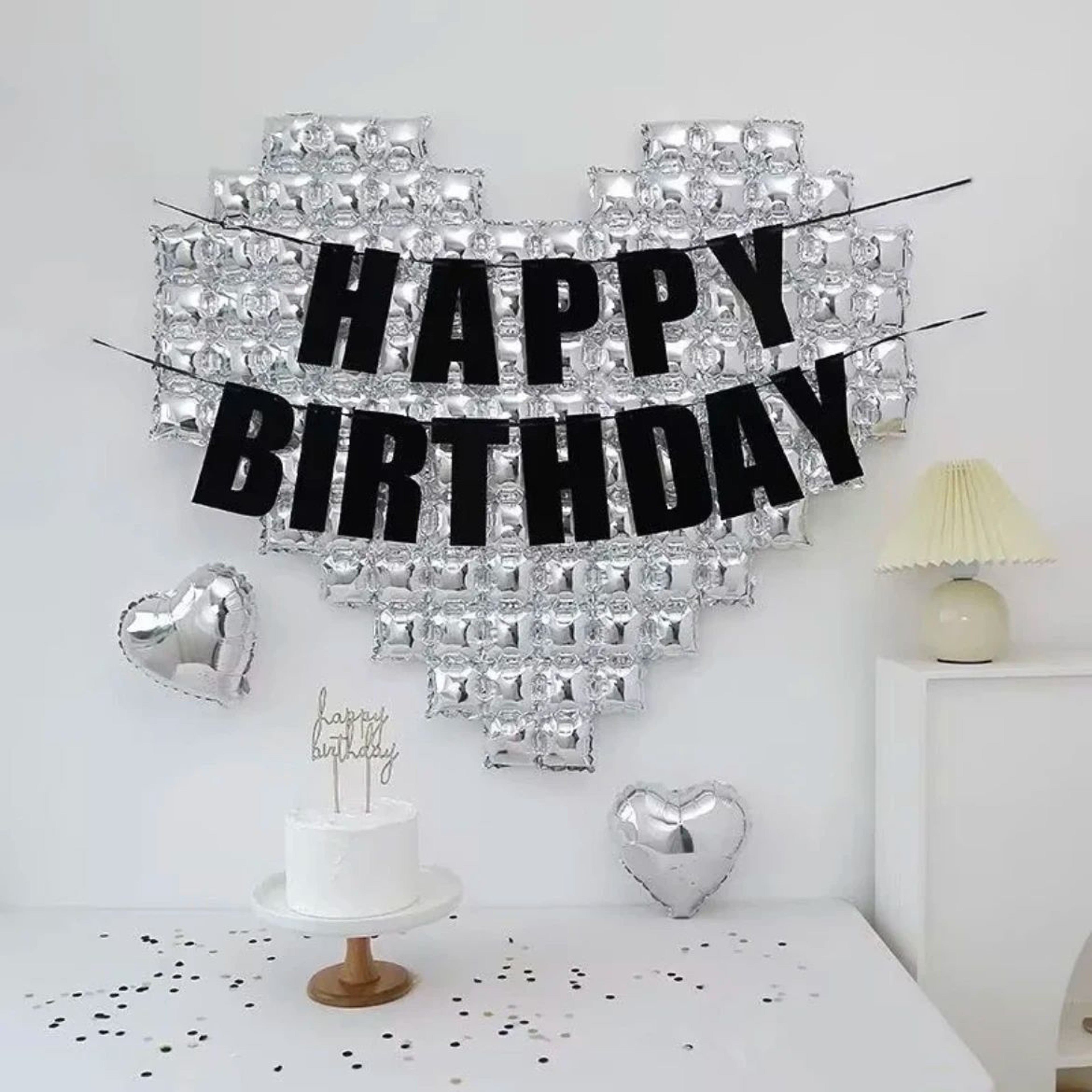 Happy Birthday Silver Mosaic Heart Balloon Backdrop With Black Glitter Banner 5