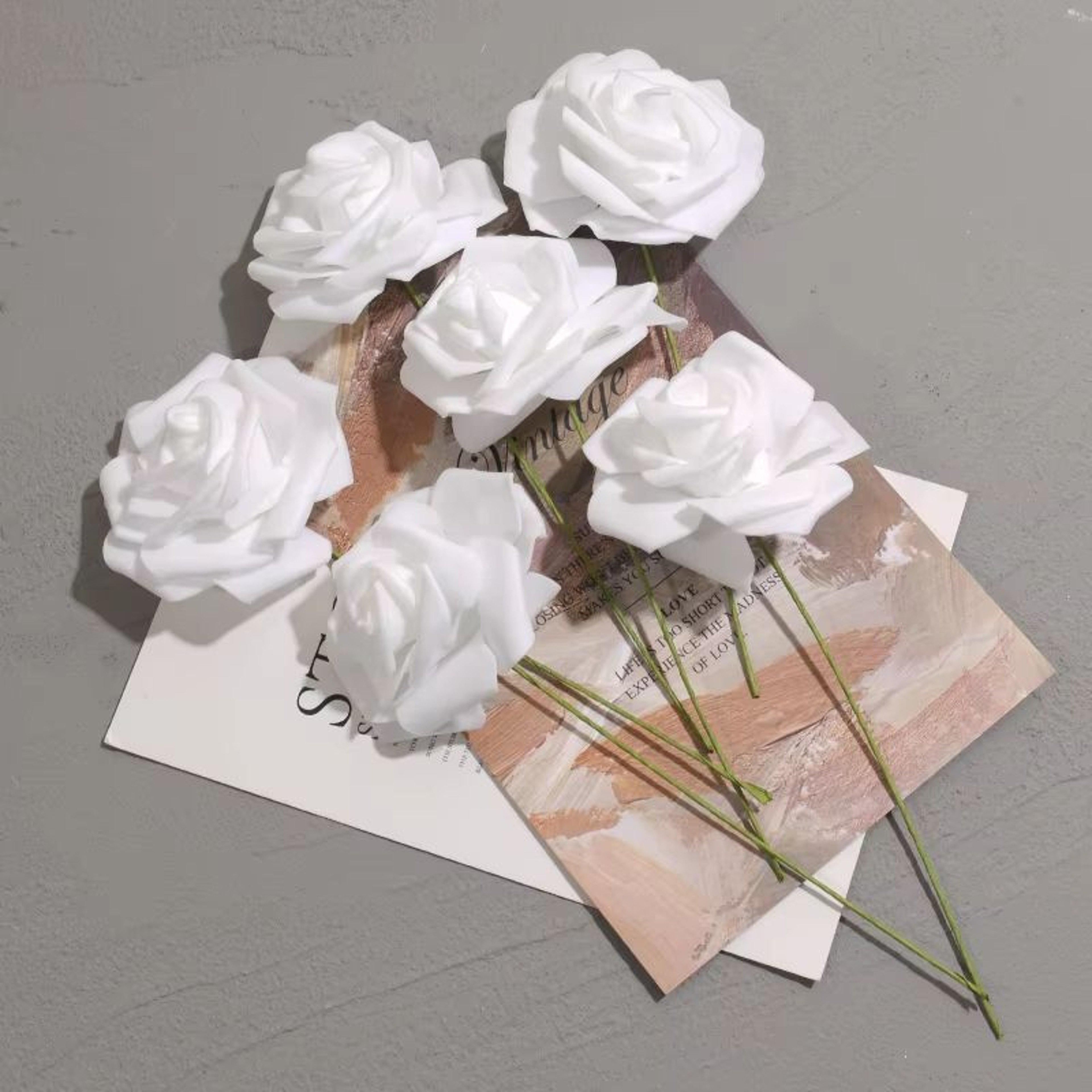 50Pack White PE Rose Artificial Flower Heads With Stems For DIY Decor 1