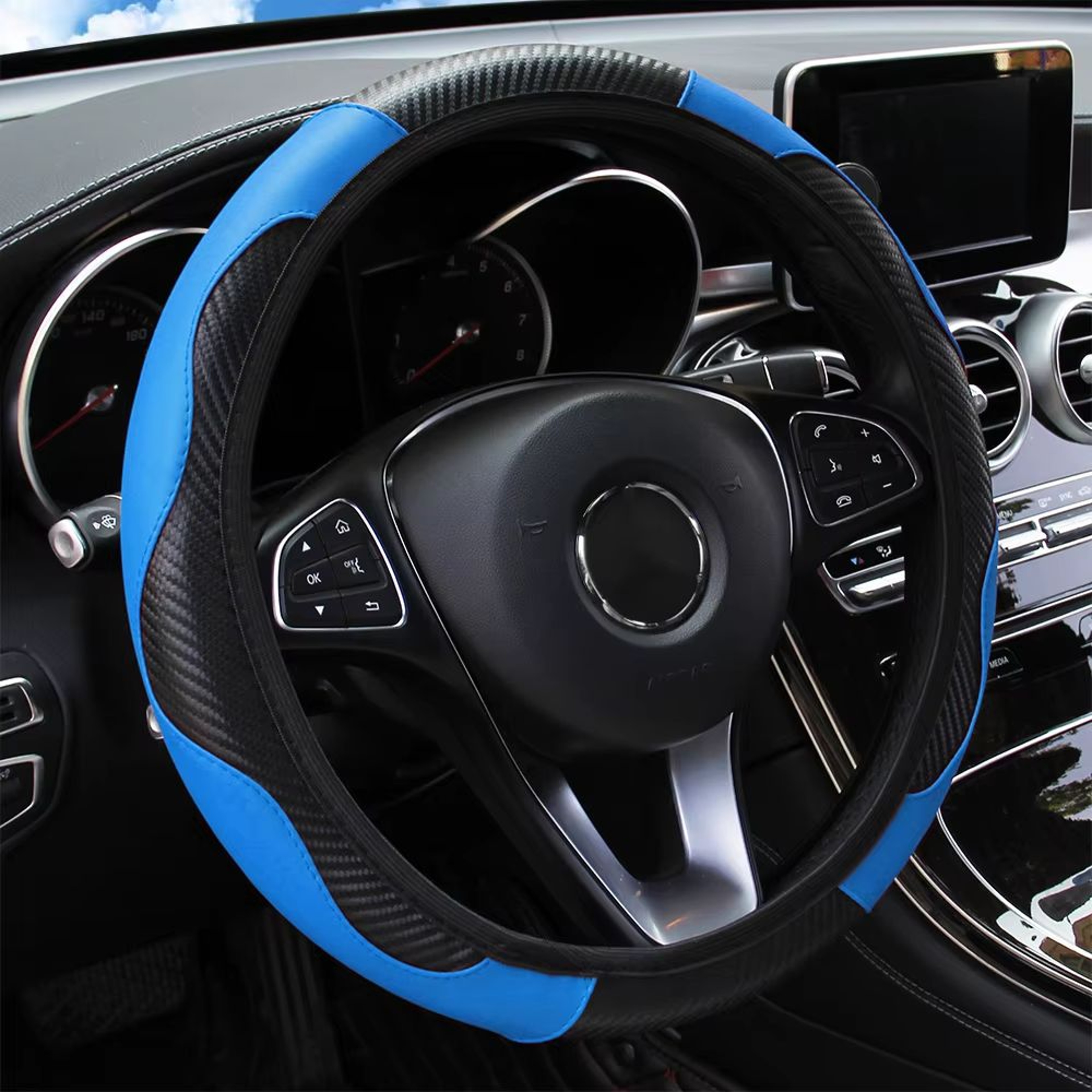 PU Carbon Fiber Leather Steering Wheel Cover For 145  15 In Cars No Inner Ring 15