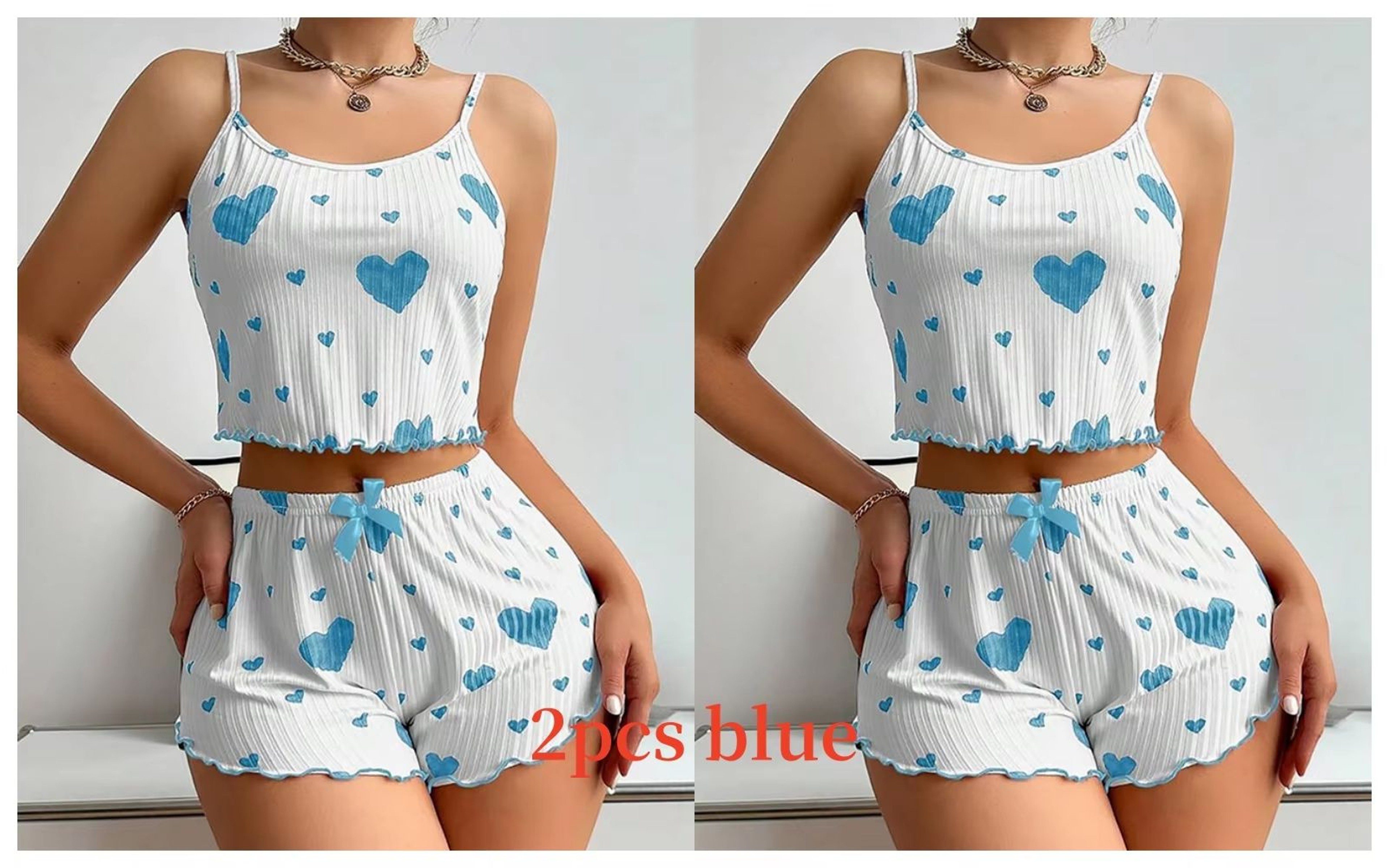 Womens 2 PCS Pajamas Set  Soft Short Tank Top And Shorts Sleepwear In White With Love Print 10