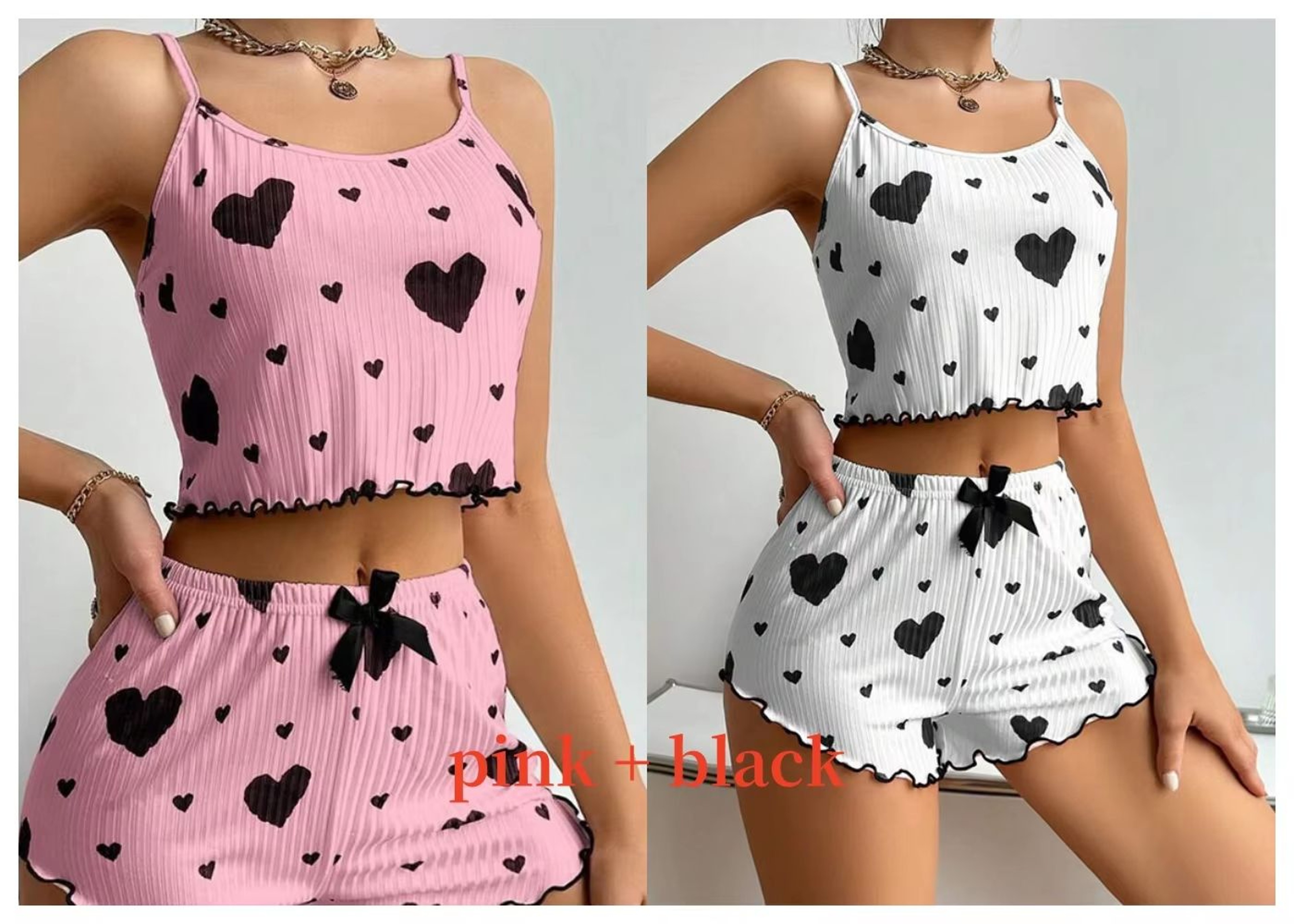 Womens 2 PCS Pajamas Set  Soft Short Tank Top And Shorts Sleepwear In White With Love Print 14