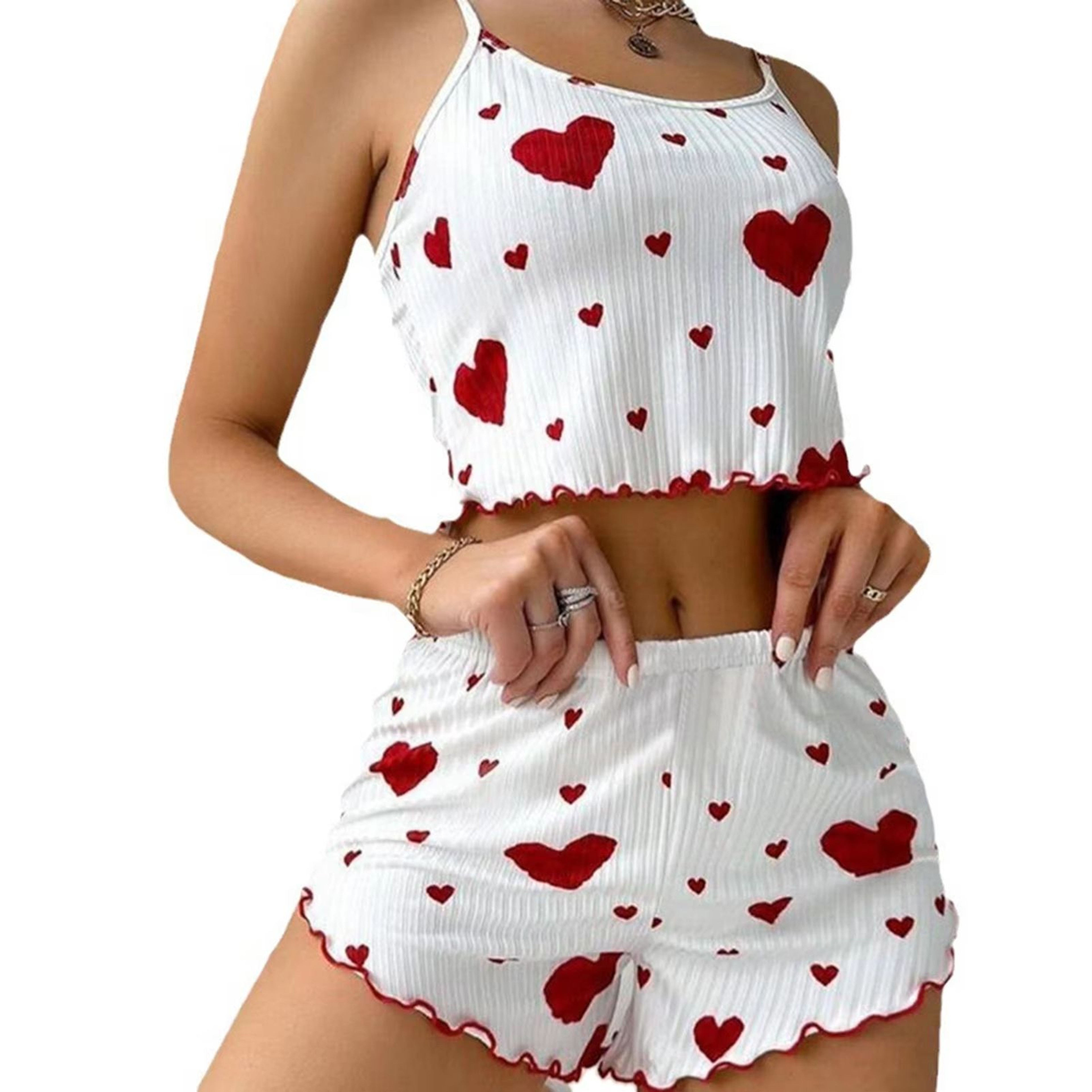 Womens 2 PCS Pajamas Set  Soft Short Tank Top And Shorts Sleepwear In White With Love Print 6