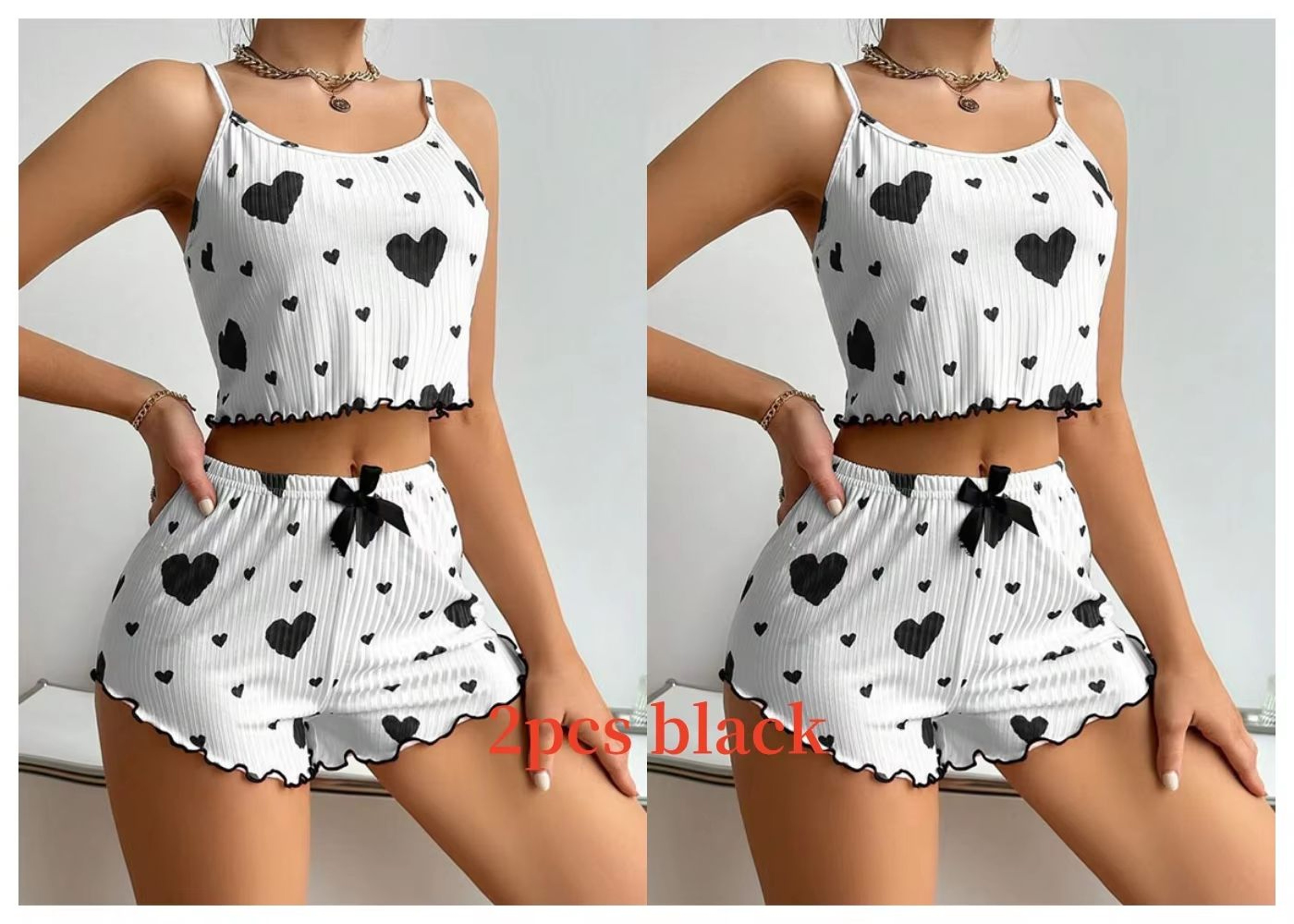 Womens 2 PCS Pajamas Set  Soft Short Tank Top And Shorts Sleepwear In White With Love Print 7