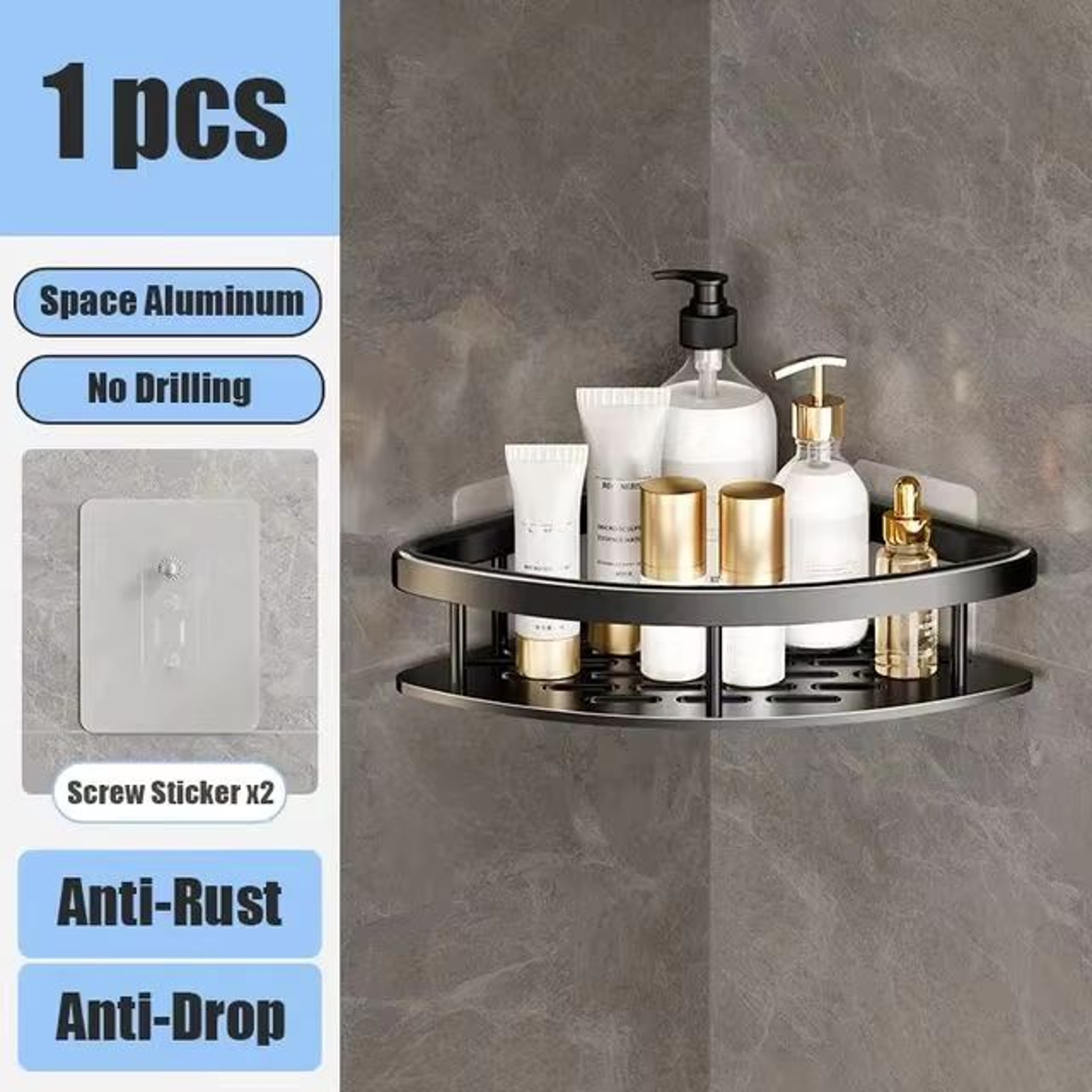 NoDrill Aluminum Bathroom Corner Shelf Wall Mounted Storage Rack 10