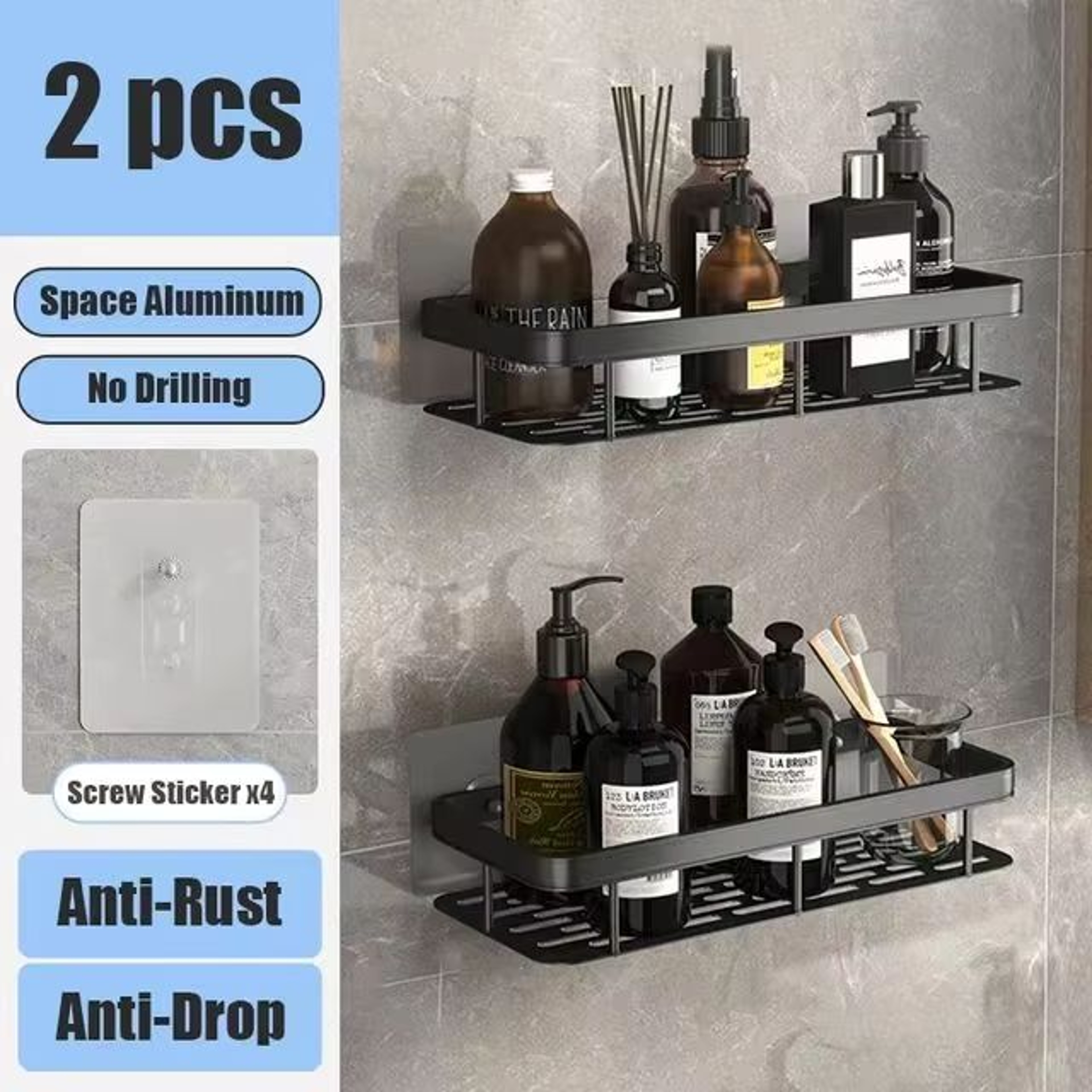 NoDrill Aluminum Bathroom Corner Shelf Wall Mounted Storage Rack 12