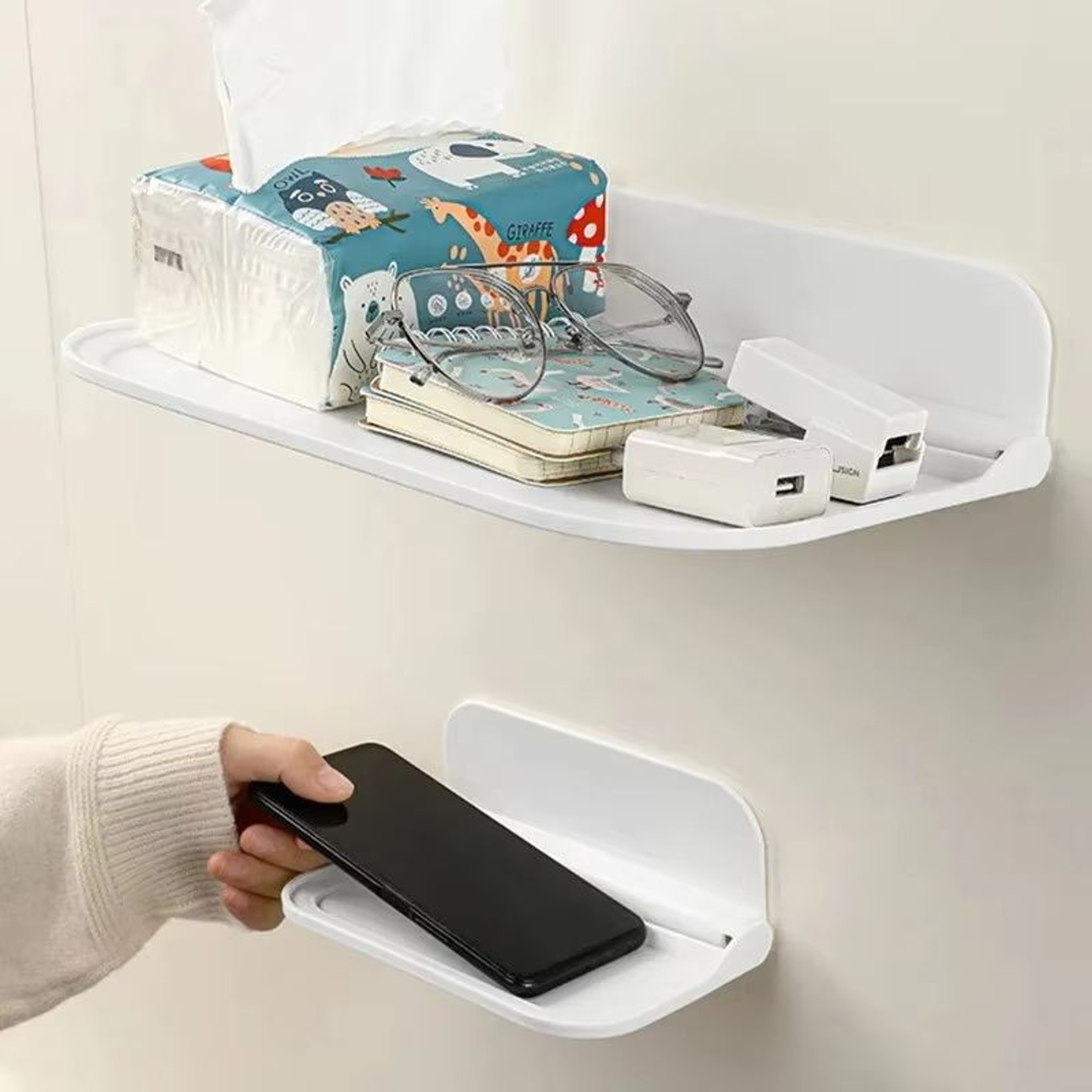Foldable Wall Mounted Storage Shelf Punch Free Phone Holder and WiFi Router Rack – view 15