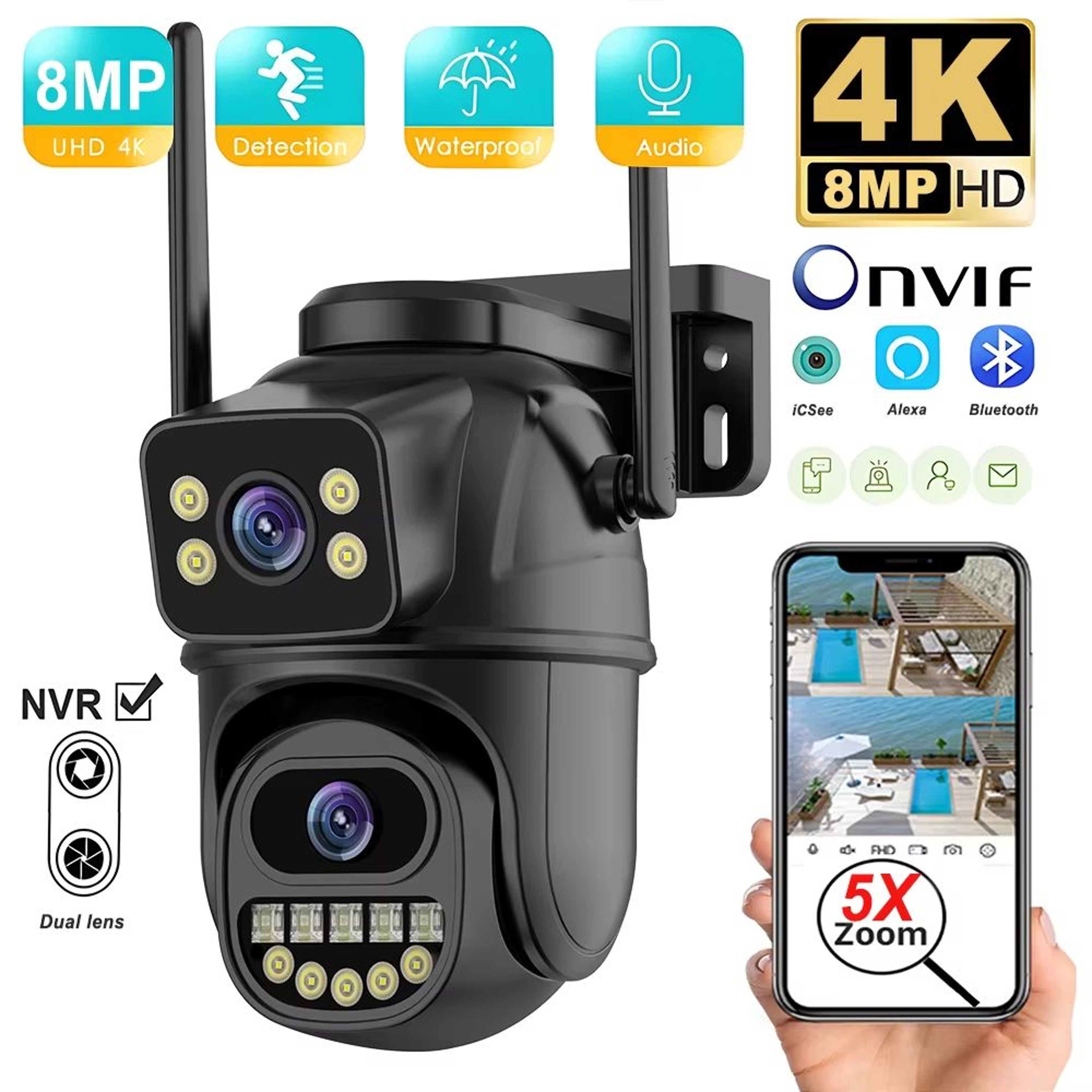 4K 8MP DualLens Outdoor WiFi Security Camera With 5X Zoom And Dual Screen Surveillance 0