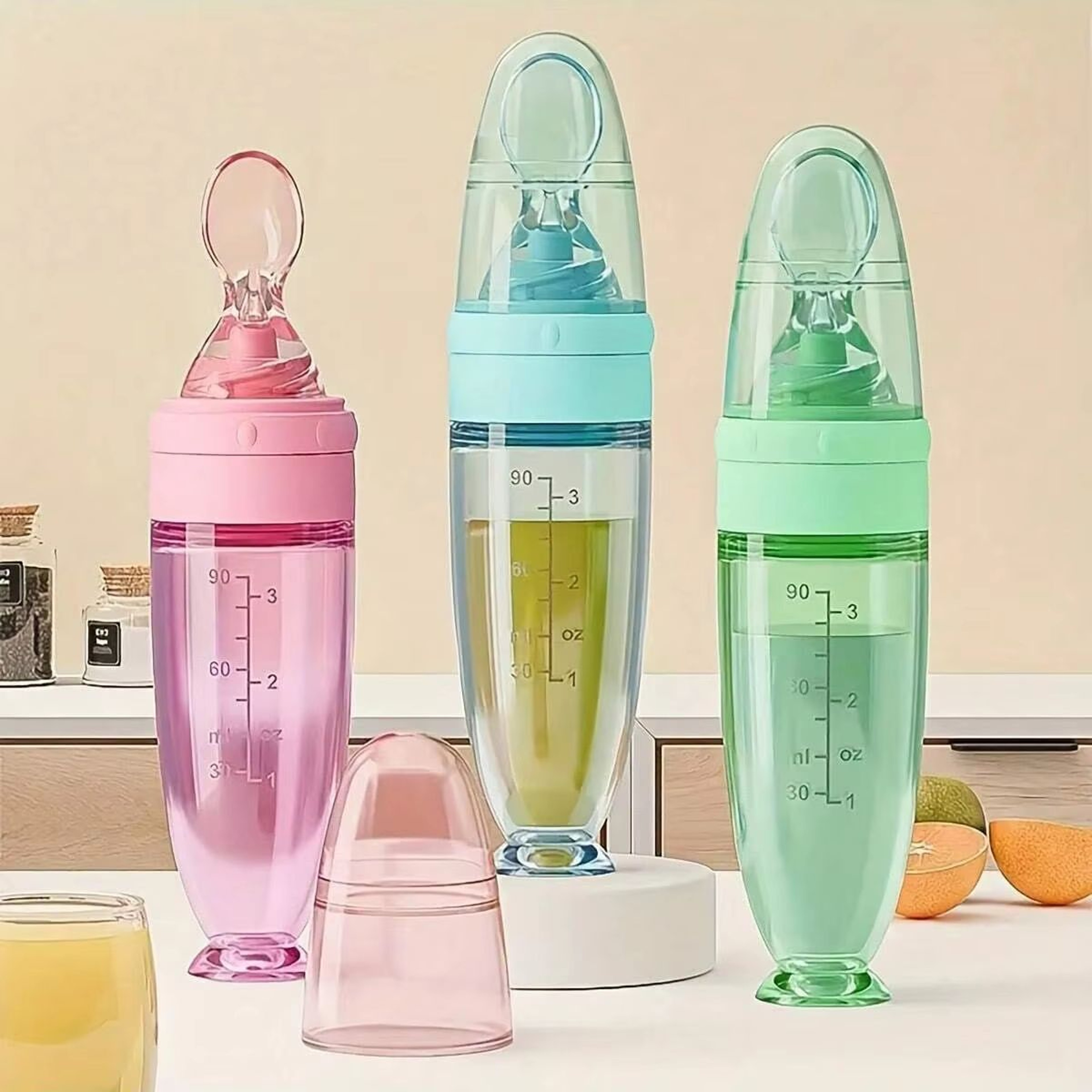 90m3oz Portable Colorful Silicone Baby Feeder Bottle With Soft Spoon Suction Cup  Dust Cap 0