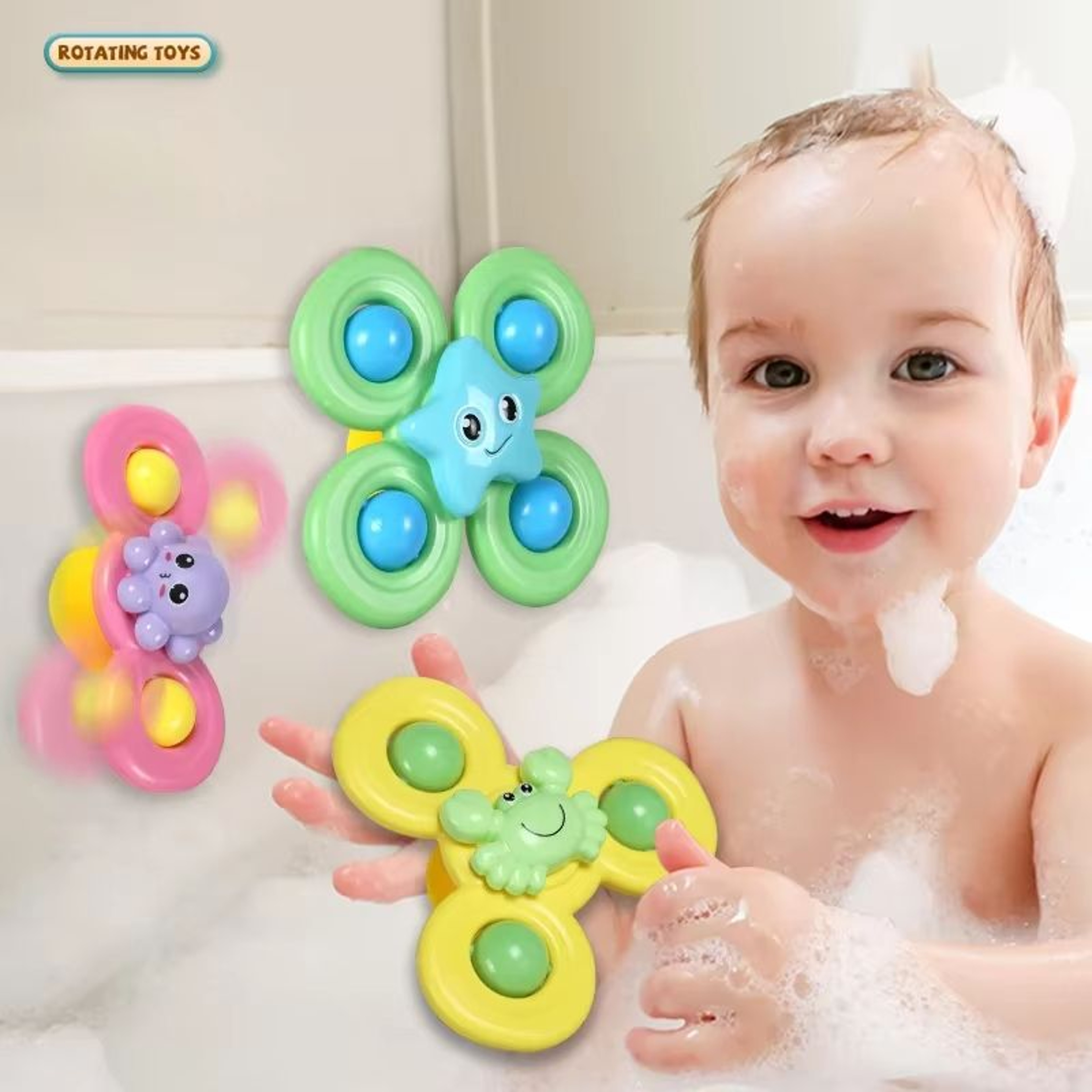 SpinLaugh 3Piece Cartoon Rotating Rattle Toy Set With Suction Cup Base 1