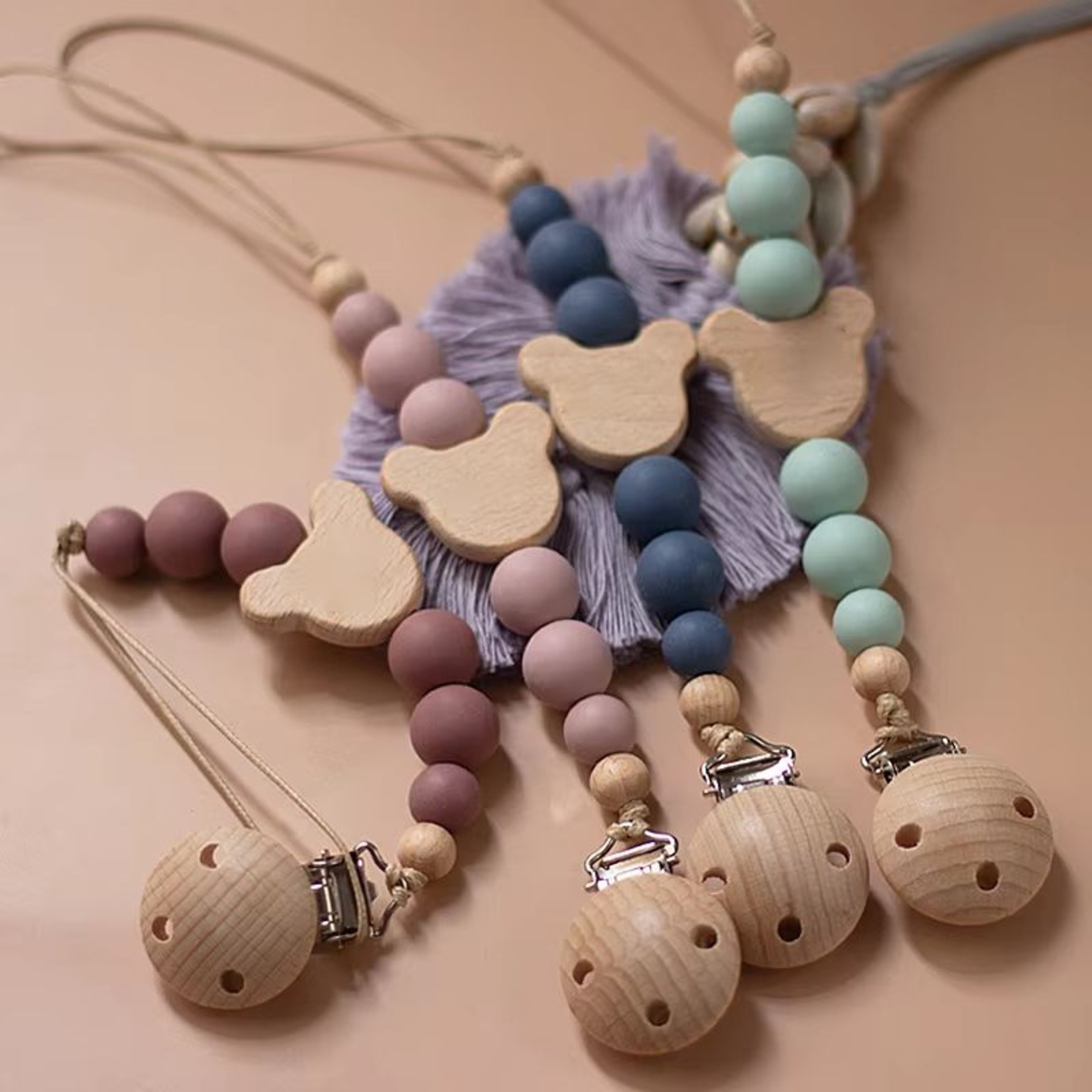 TinyGem Wooden Pacifier Chain With Silicone Beads  Safe Teether And Dummy Holder 0
