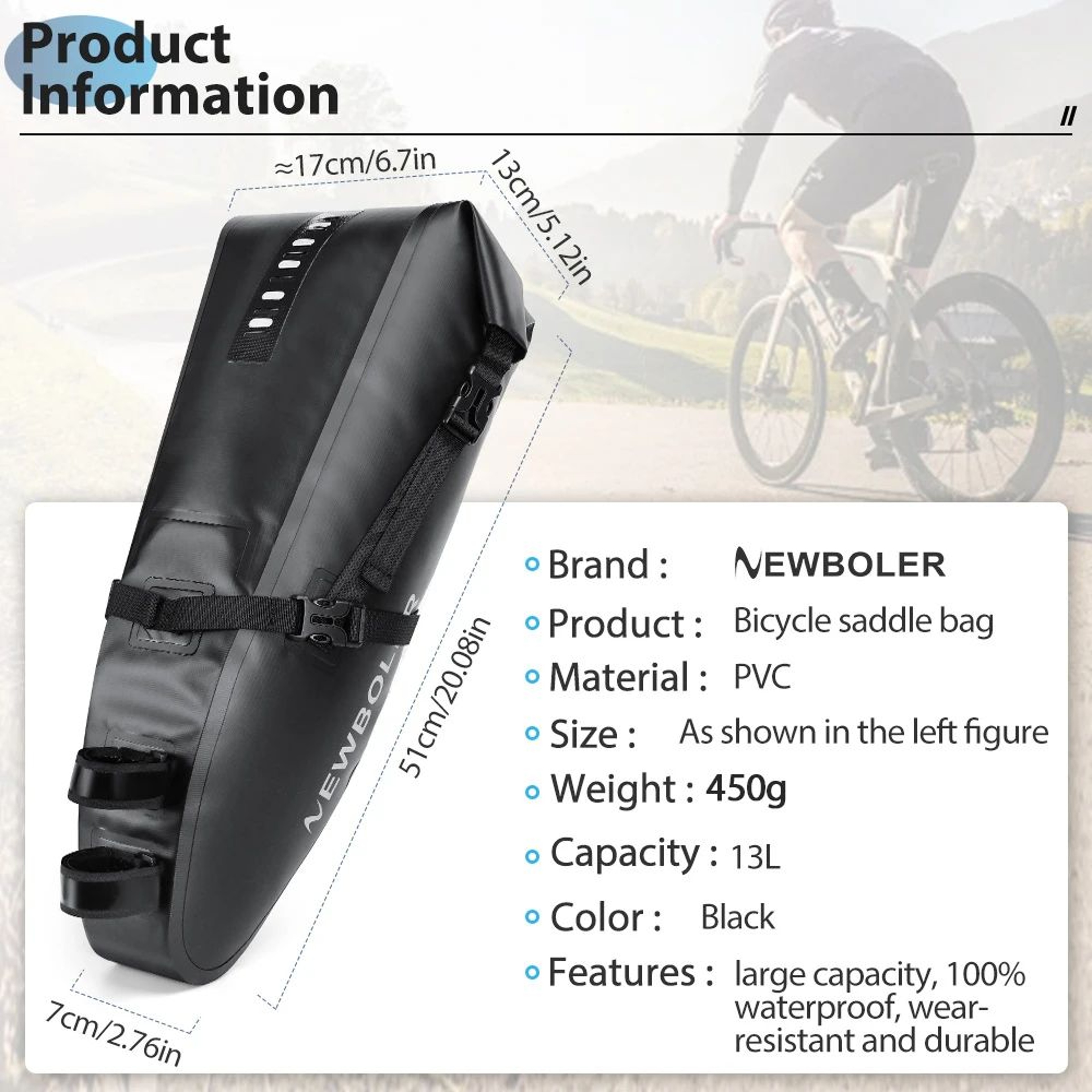 NEWBOLER 13L Waterproof Bike Saddle Bag Large Capacity Foldable Tail Luggage Pack 1
