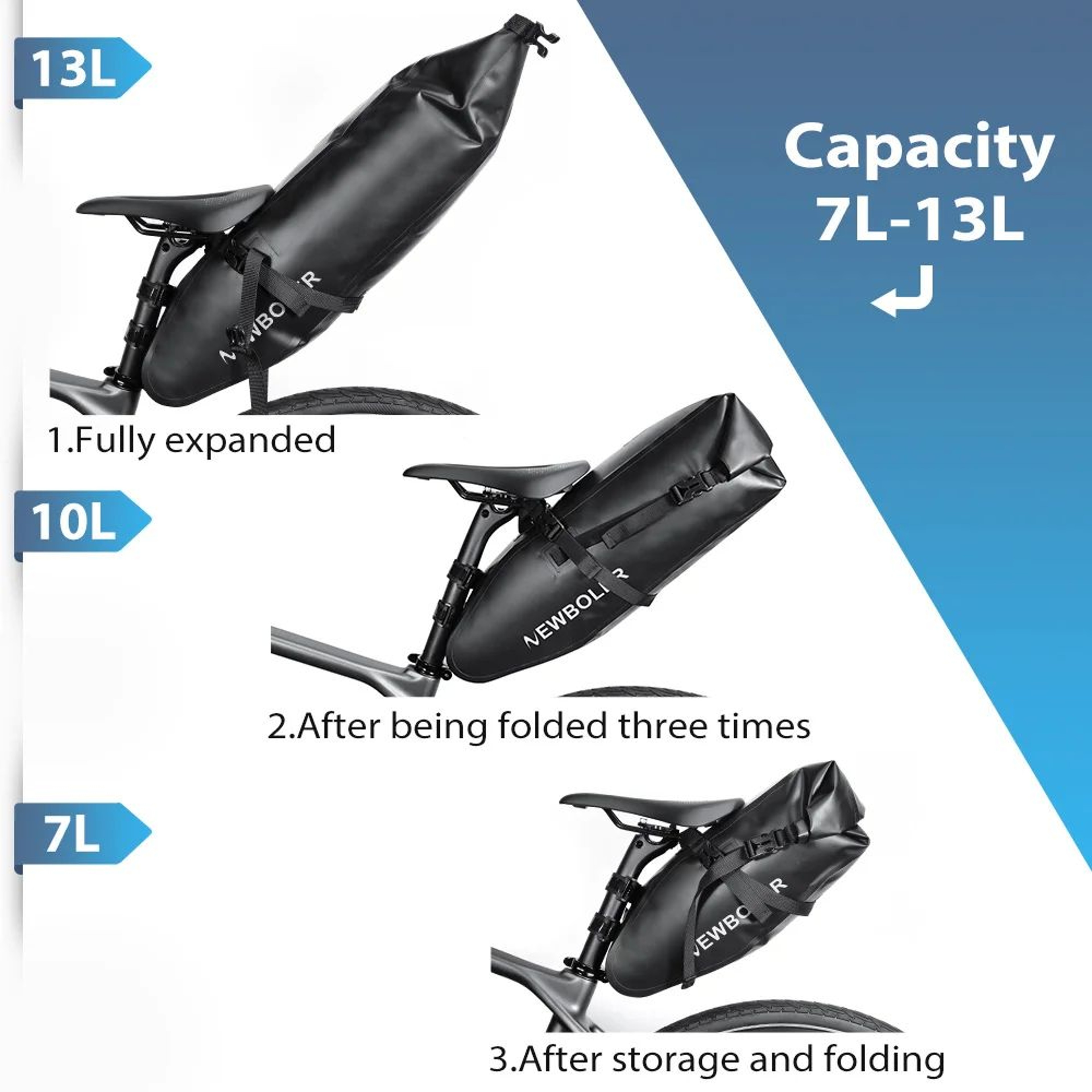 NEWBOLER 13L Waterproof Bike Saddle Bag Large Capacity Foldable Tail Luggage Pack 2