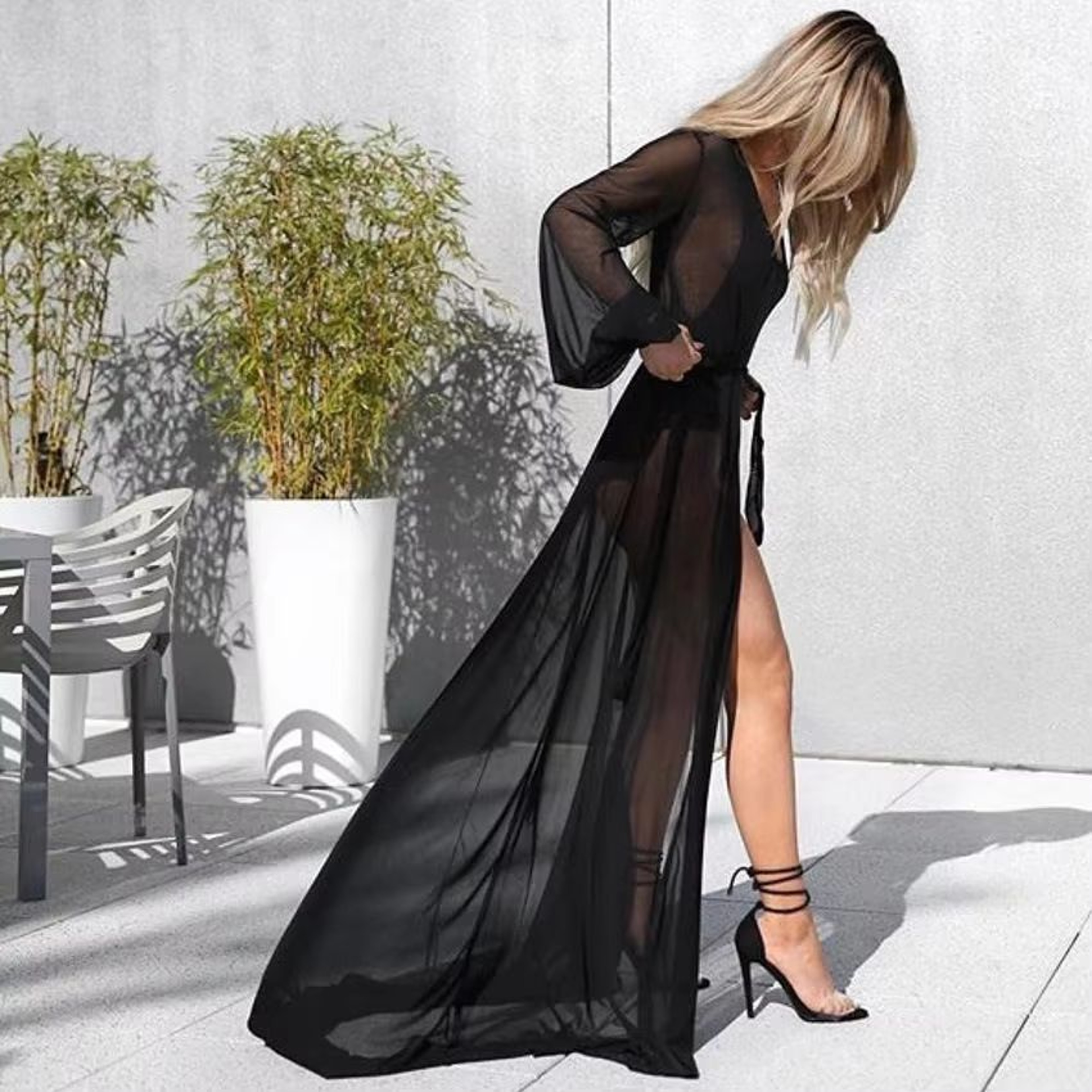 Sheer Chiffon Beach Cover Up Dress With Belt For Women 0