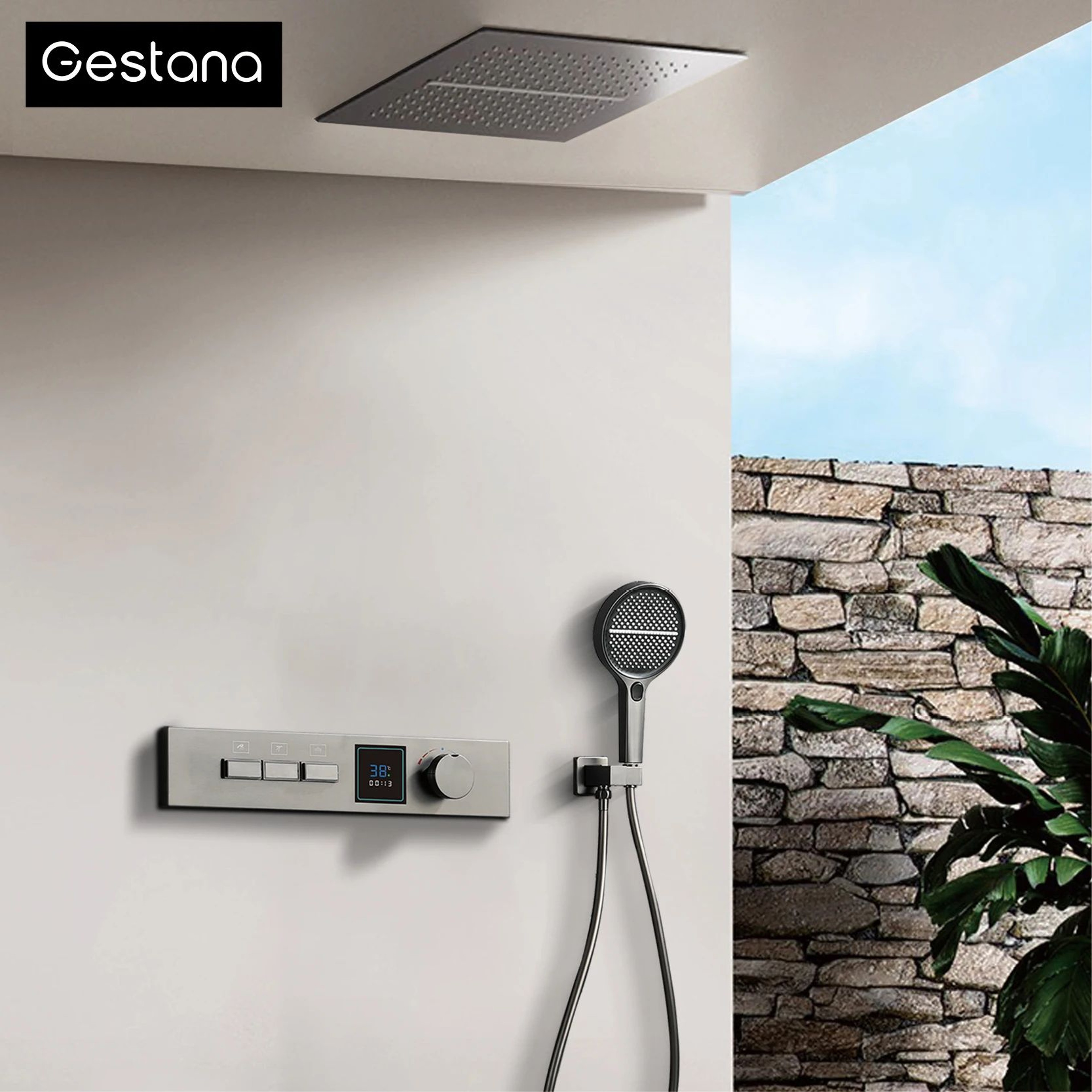 Gunmetal Brass LED Temperature Display Rainfall  Waterfall Shower System 1