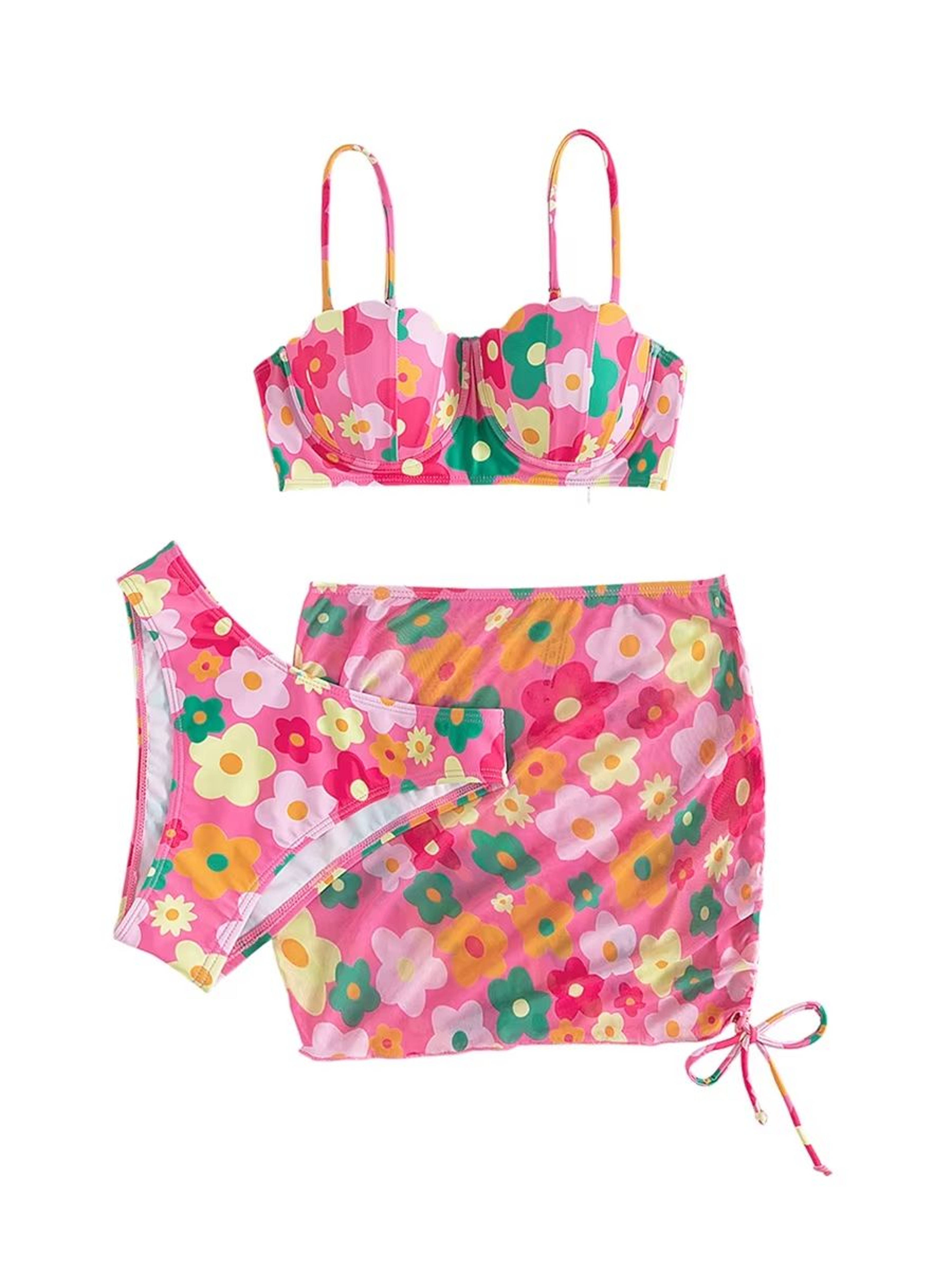 Womens 3Piece Floral Swimsuit Set With PushUp Bra Elastic Briefs And Cover Up Skirt Beachwear 4