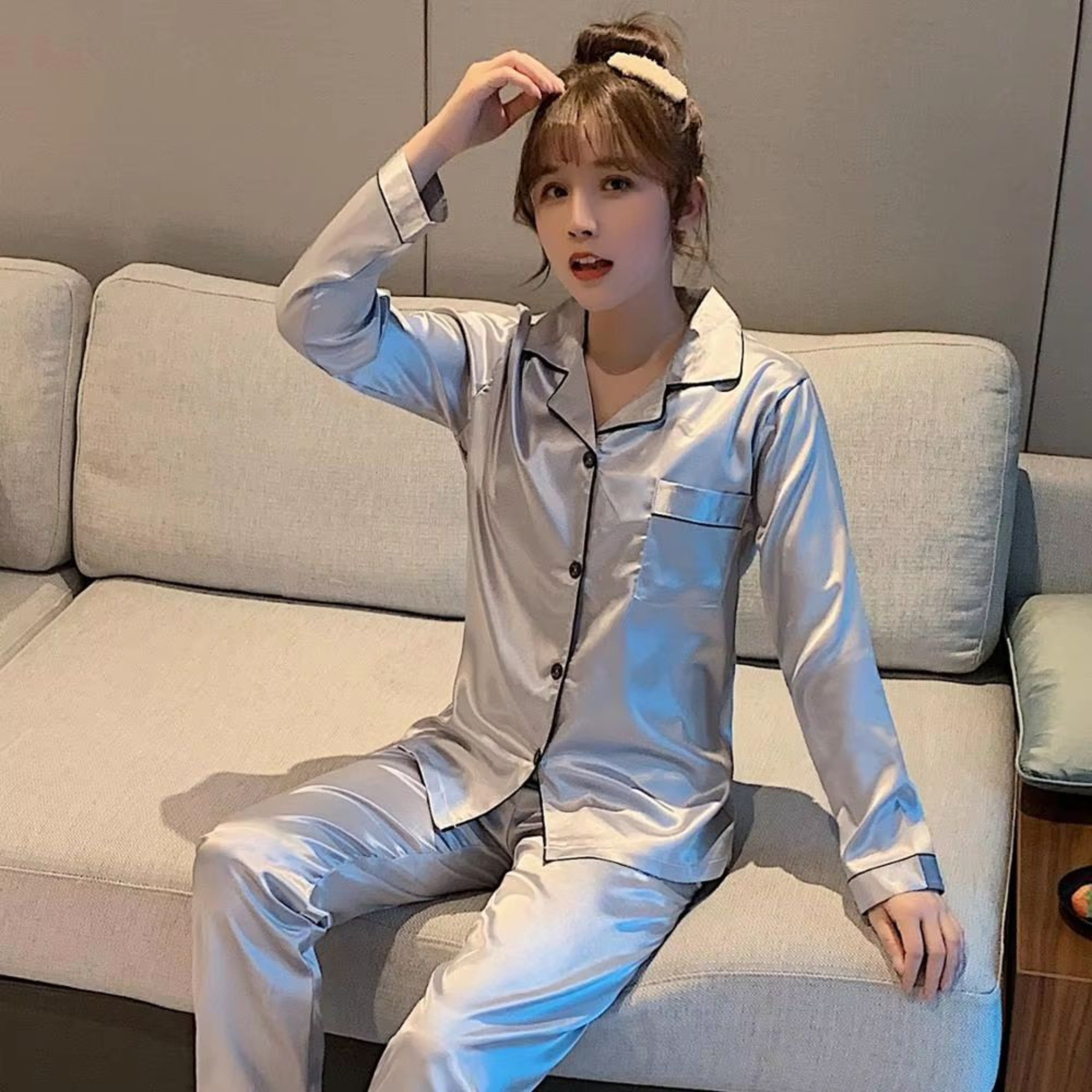 Silk Satin Couples Pajama Set  Luxury Long Sleeve Button Down Sleepwear For Women And Men 20