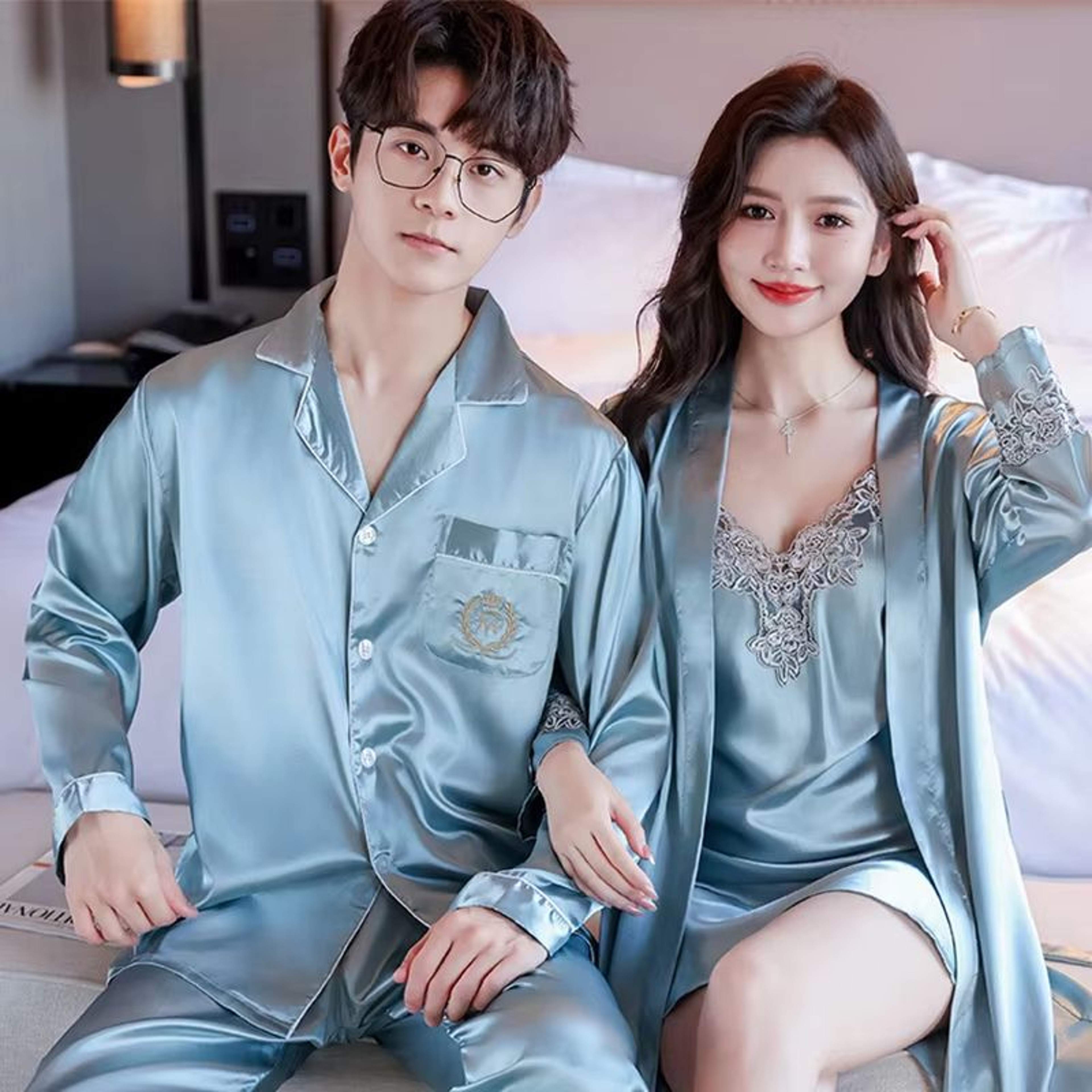 Luxury Silk Satin Couples Nightwear Set  Women Sexy Nightdress With Men Long Sleeve Pants  Robe Sle 11