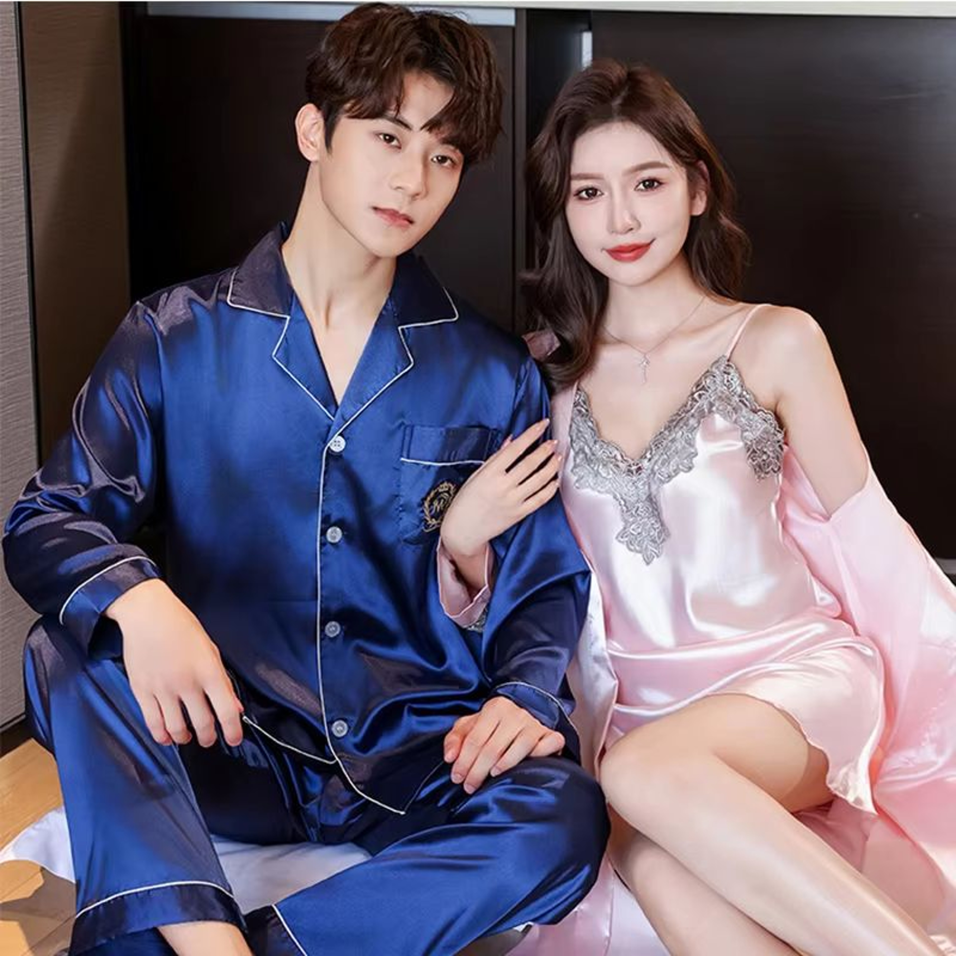 Luxury Silk Satin Couples Nightwear Set  Women Sexy Nightdress With Men Long Sleeve Pants  Robe Sle 2