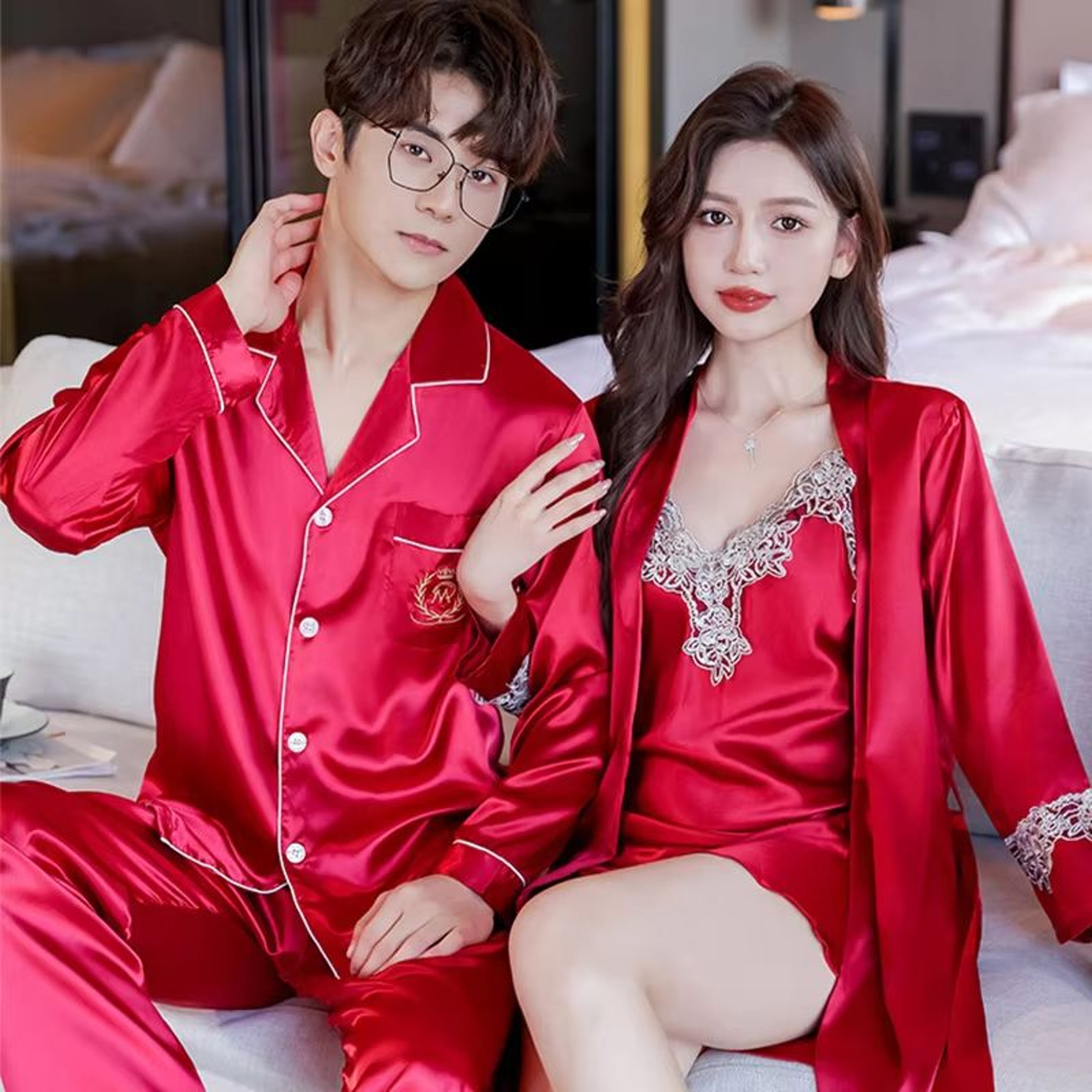 Luxury Silk Satin Couples Nightwear Set  Women Sexy Nightdress With Men Long Sleeve Pants  Robe Sle 8