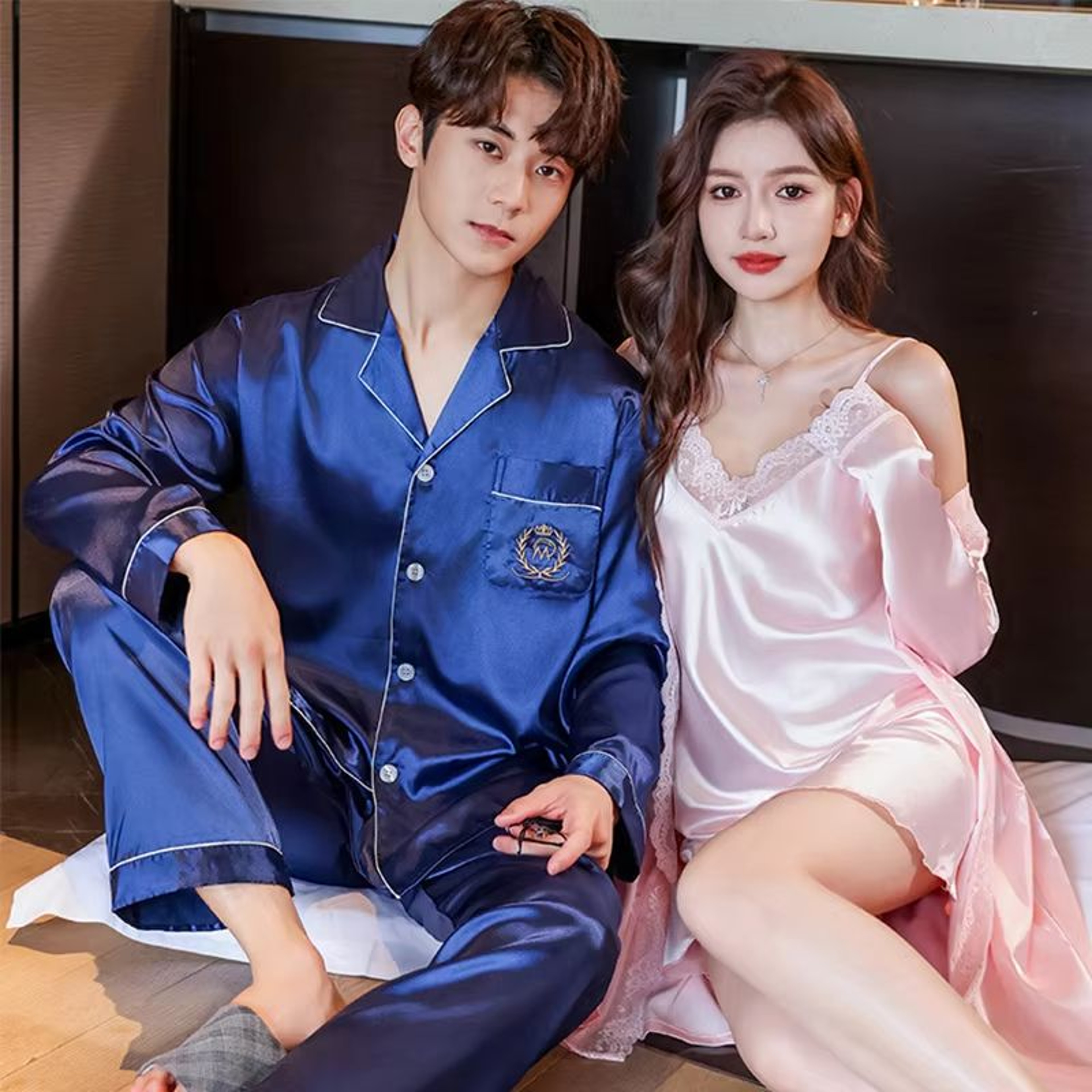Luxury Silk Satin Couples Nightwear Set  Women Sexy Nightdress With Men Long Sleeve Pants  Robe Sle 12