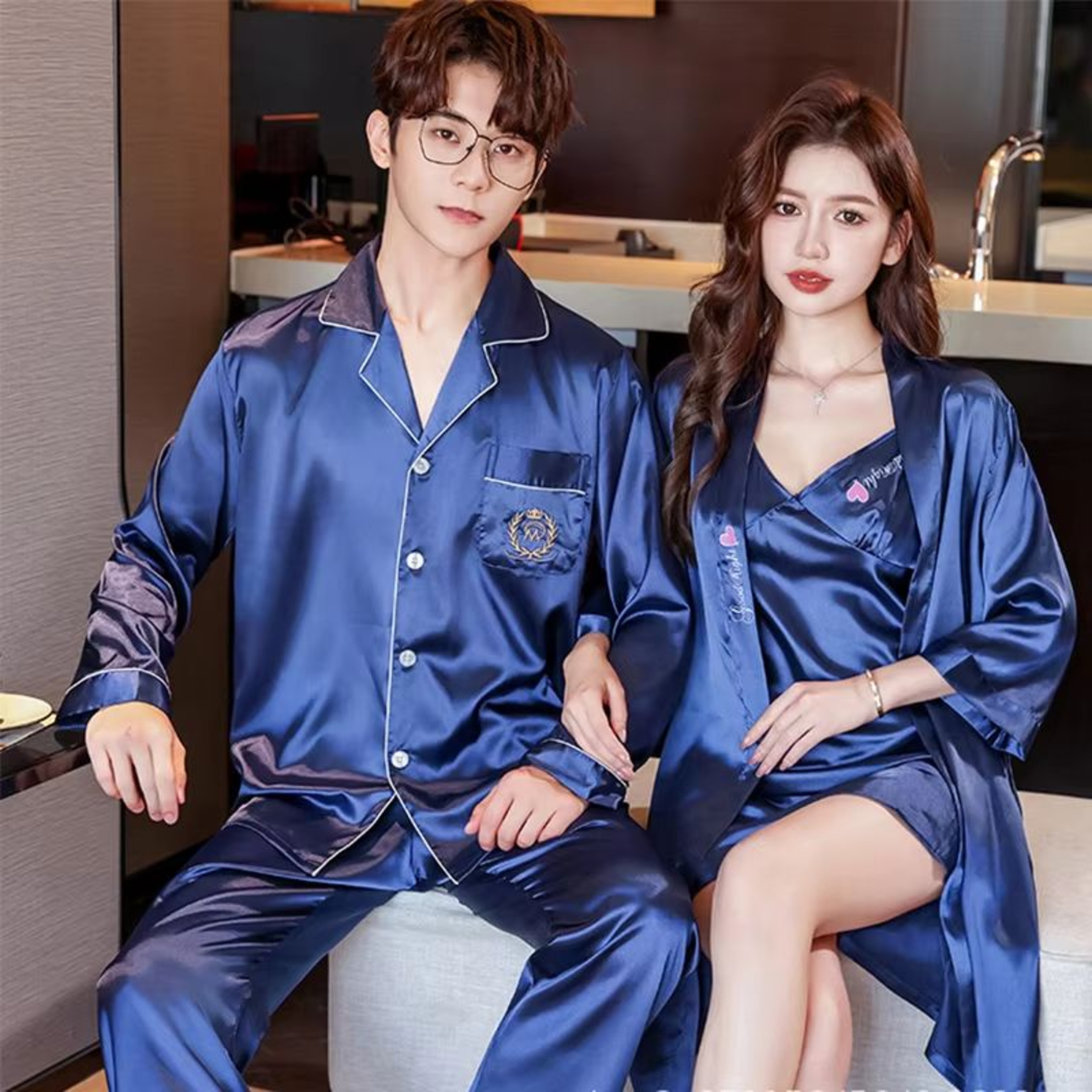 Luxury Silk Satin Couples Nightwear Set  Women Sexy Nightdress With Men Long Sleeve Pants  Robe Sle 16