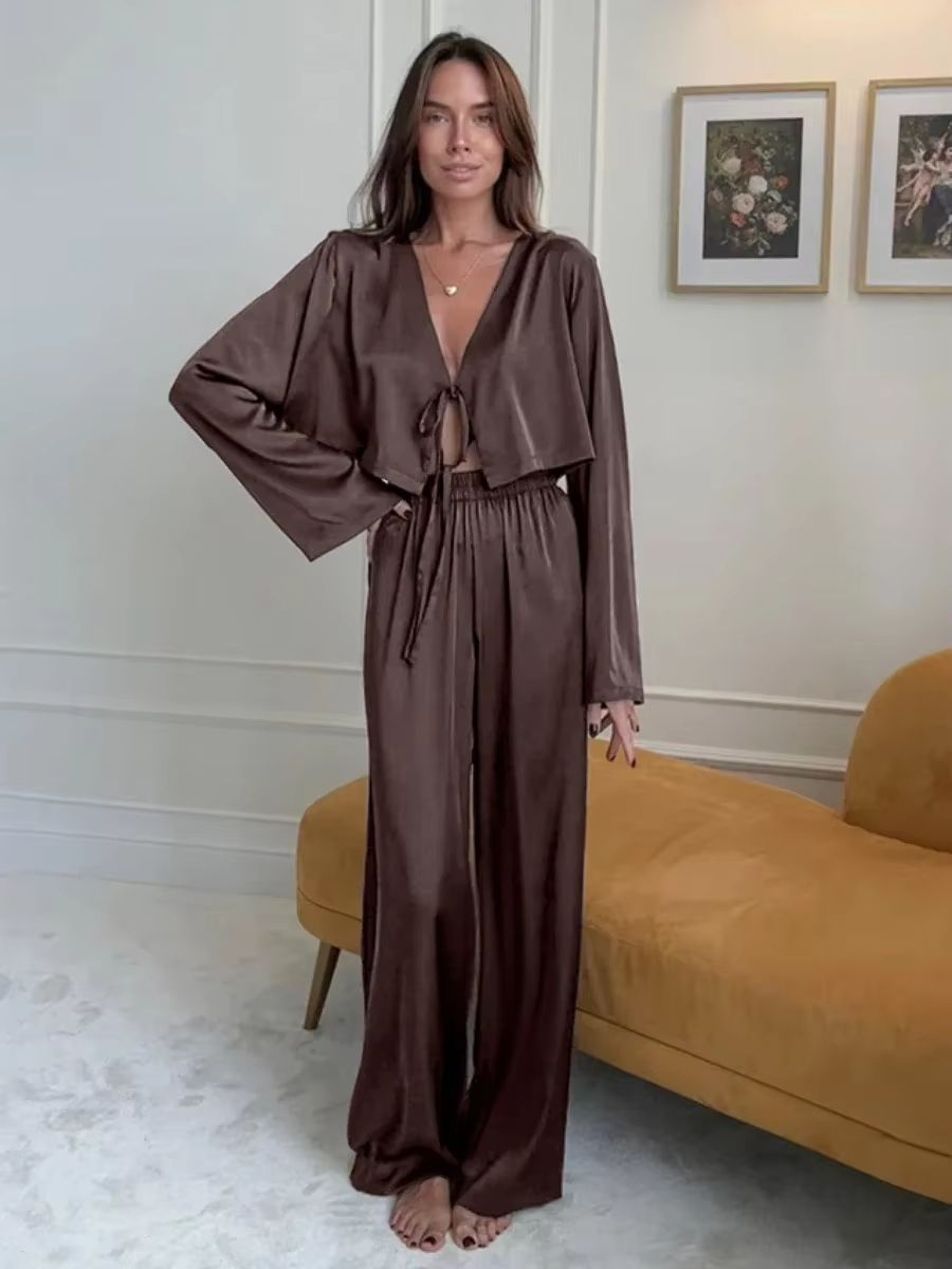 Blubelle Satin Tie Cardigan Pajama Set For Women Two Piece Long Sleeve Lounge Set With Loose Pants 1