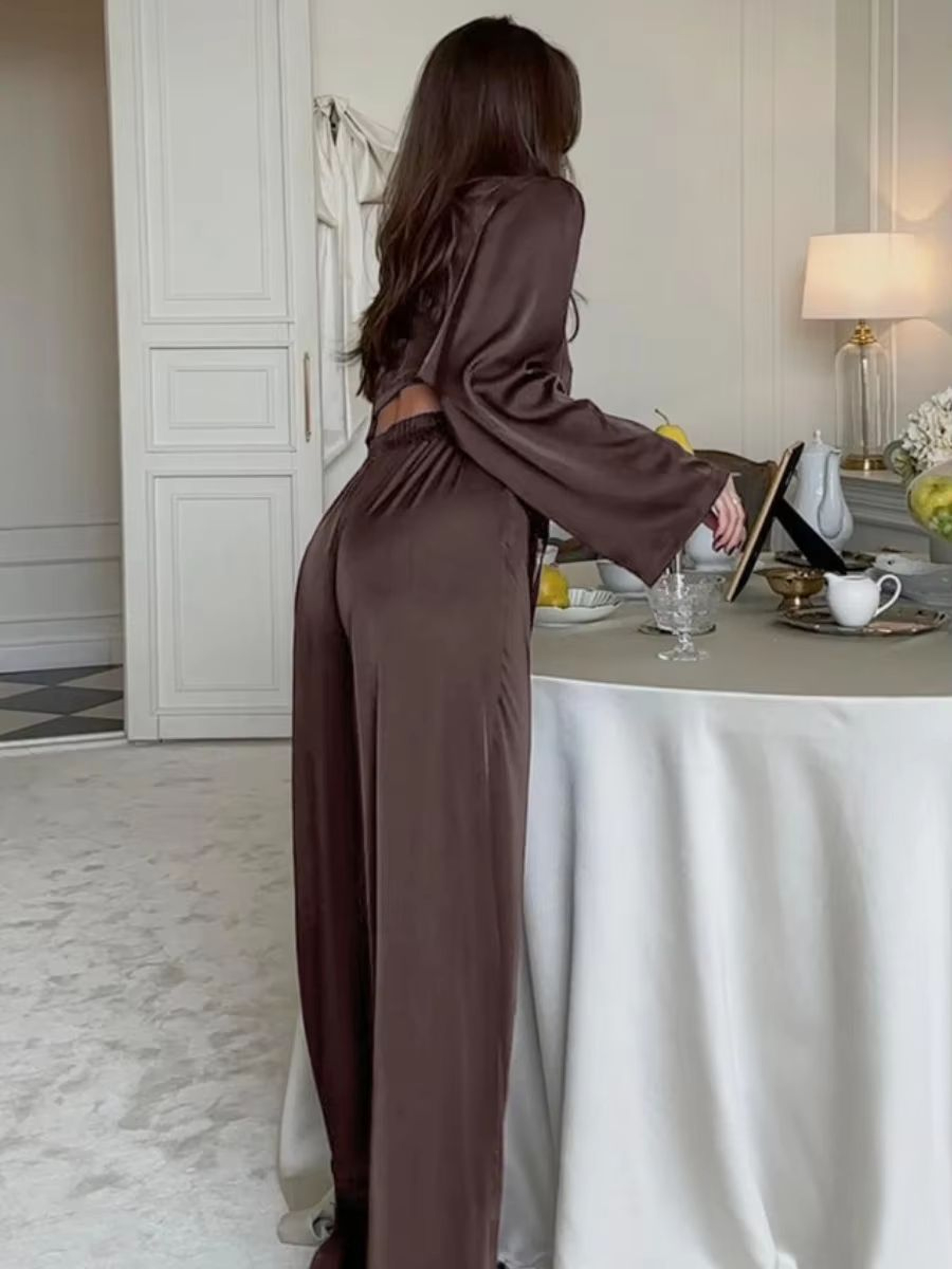 Blubelle Satin Tie Cardigan Pajama Set For Women Two Piece Long Sleeve Lounge Set With Loose Pants 3