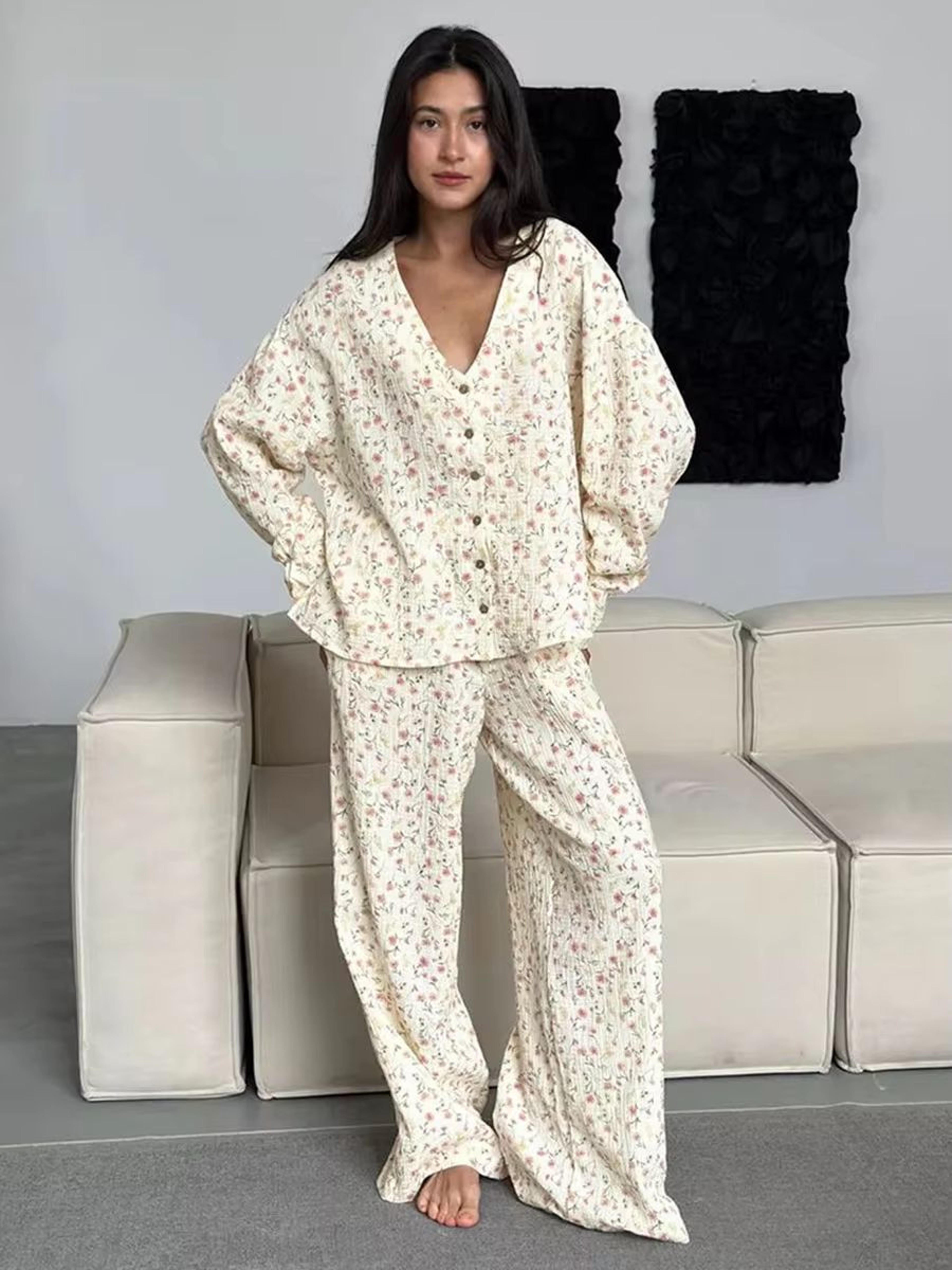 Muzuleva 100 Cotton Printed Cardigan Pajama Set For Women 4
