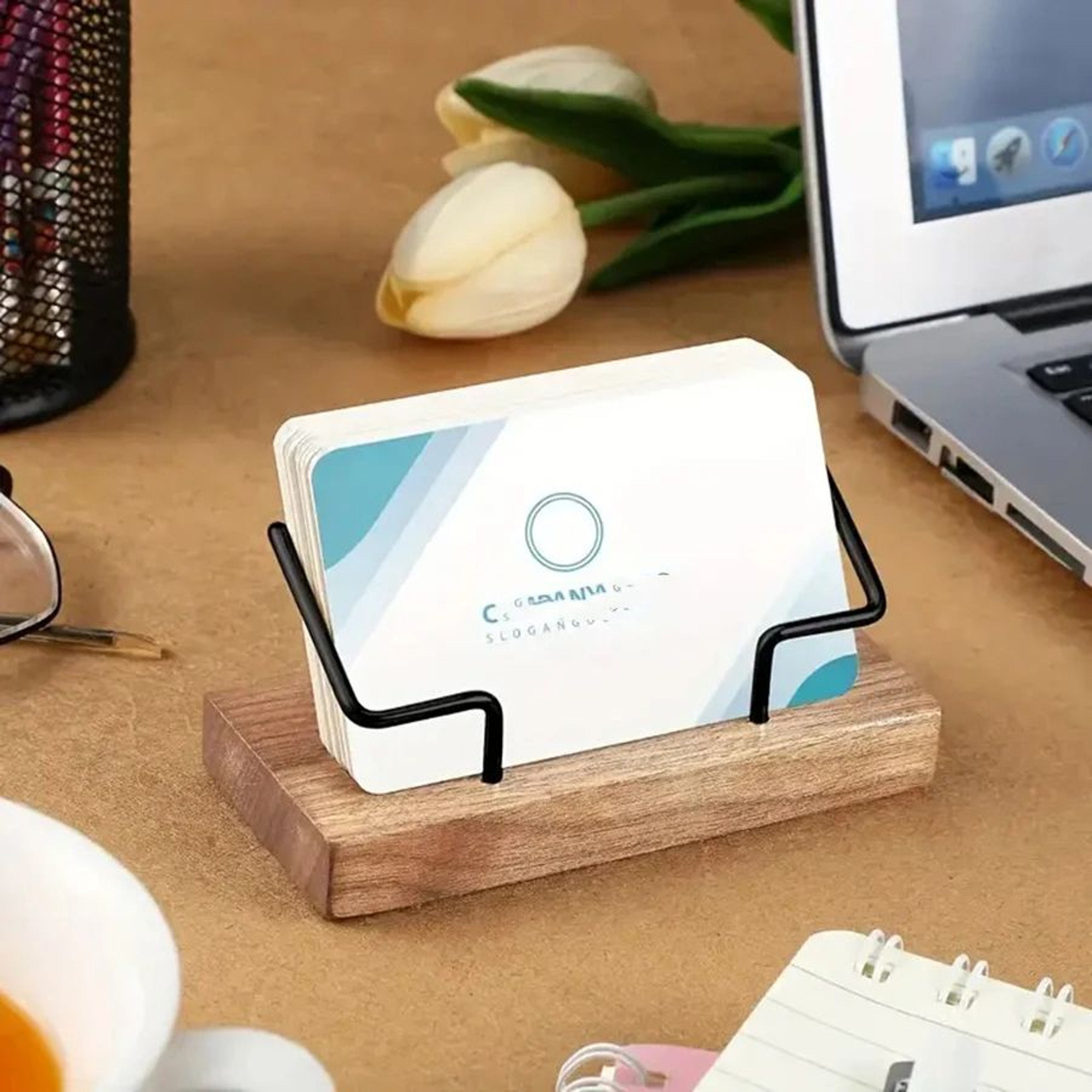 Premium Recycled Wood  Metal Business Card Holder  Desk Organizer  Business Card Display Stand 1