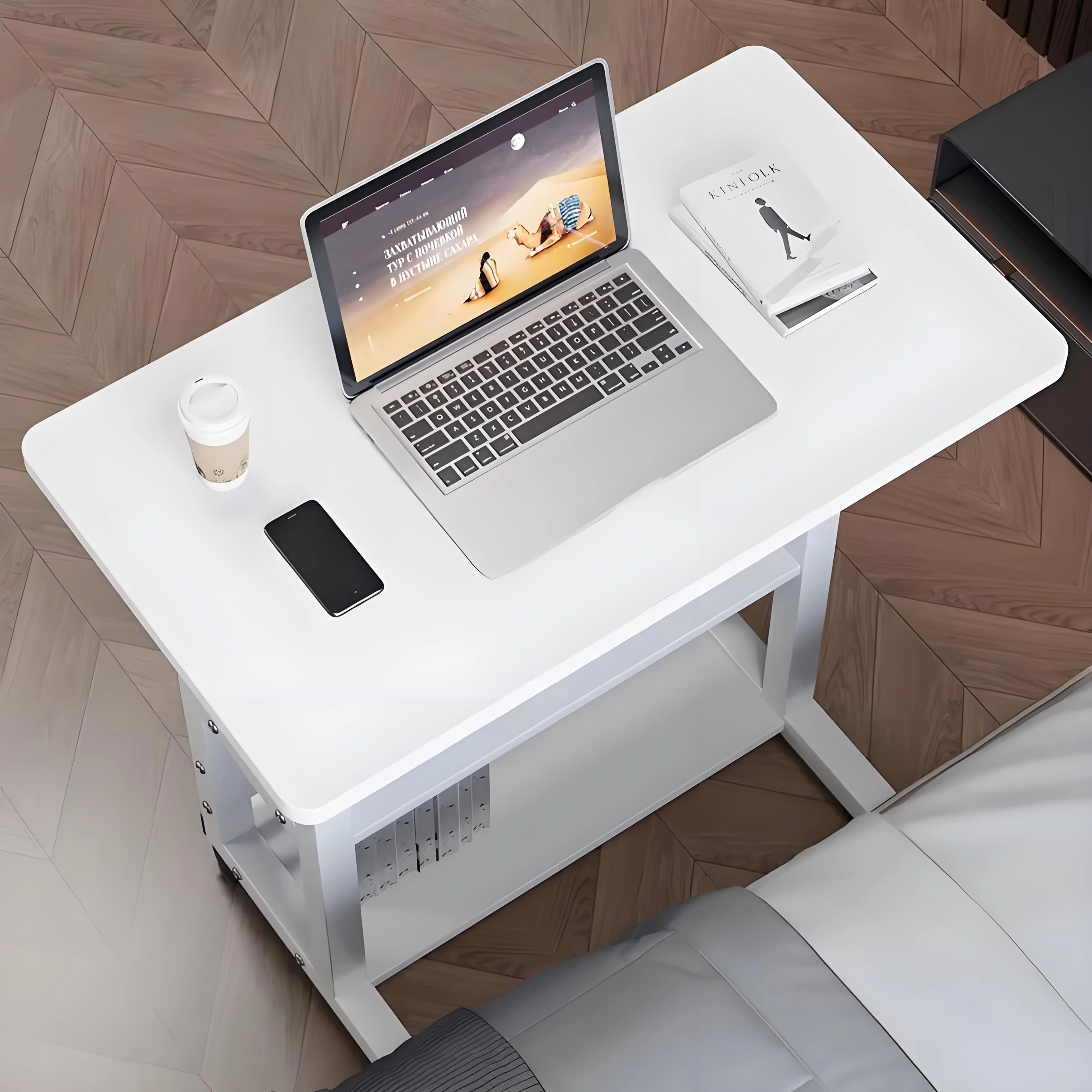 DoubleLayer Movable Office Desk With Storage Shelf  Adjustable Bedside Laptop Table For Home And Wo 1