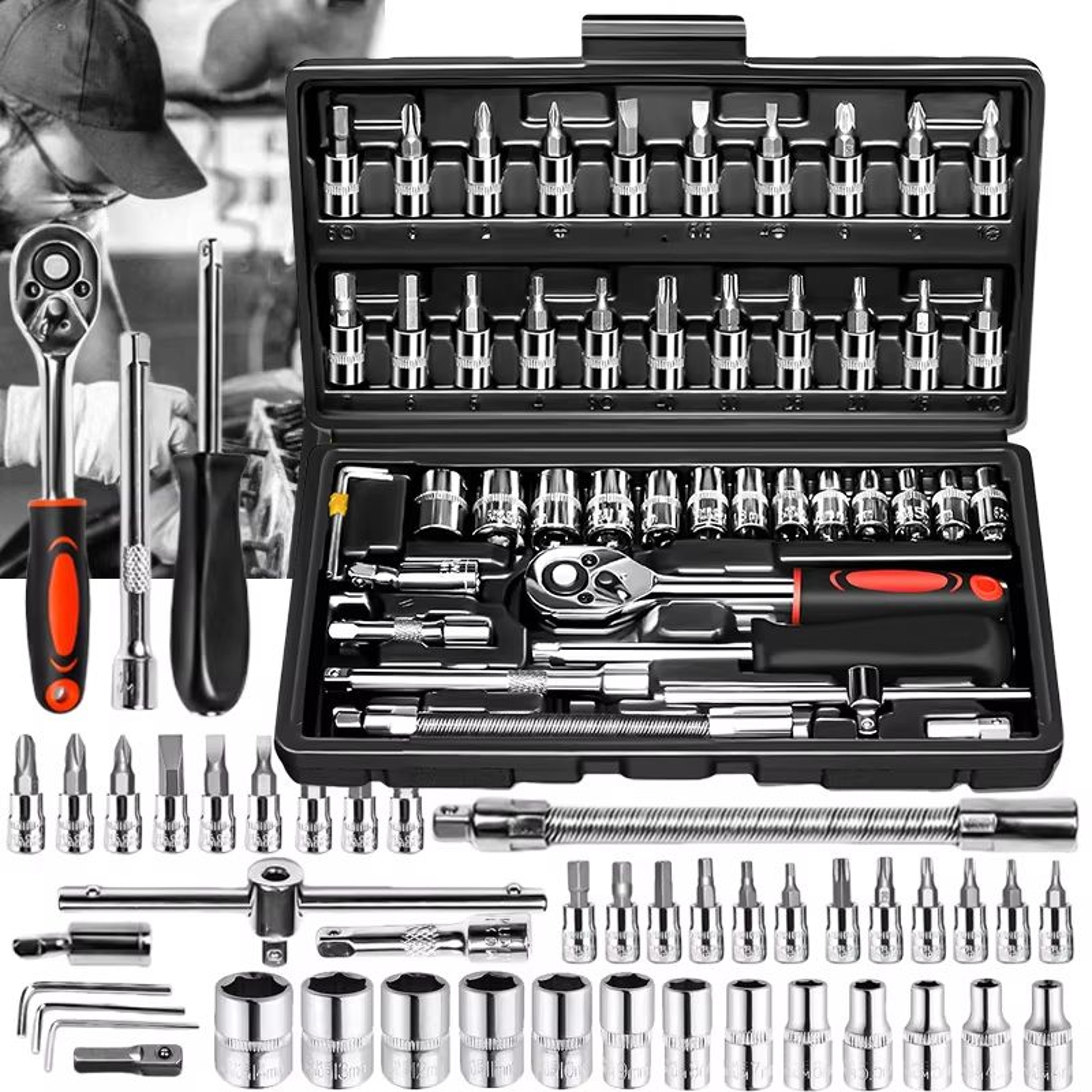 46Piece 14 Inch Drive Socket Set With QuickRelease Ratchet And CRV Metric Sockets 0