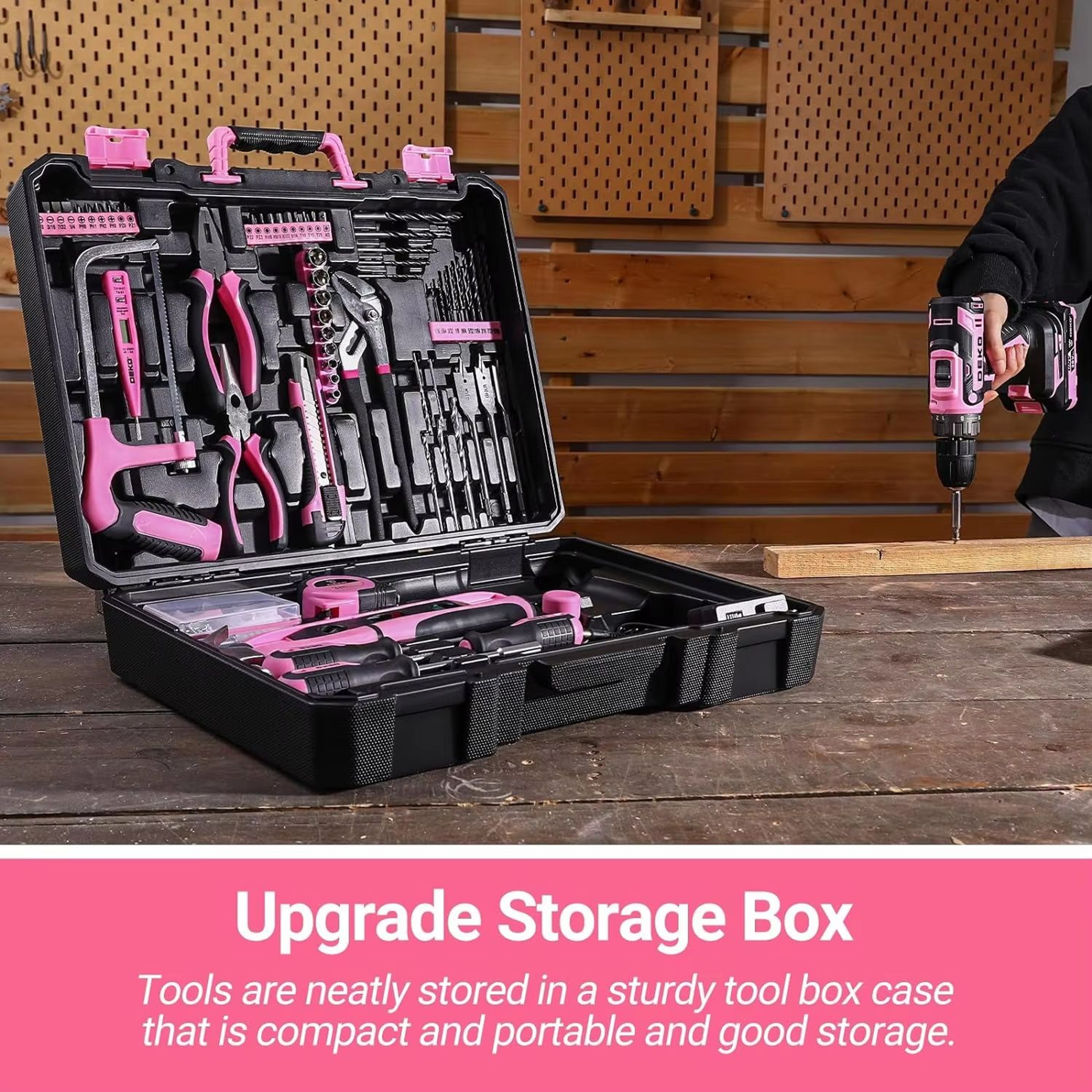 DEKO Pink 20V Cordless Power Drill Kit With Battery And Portable Tool Box 5