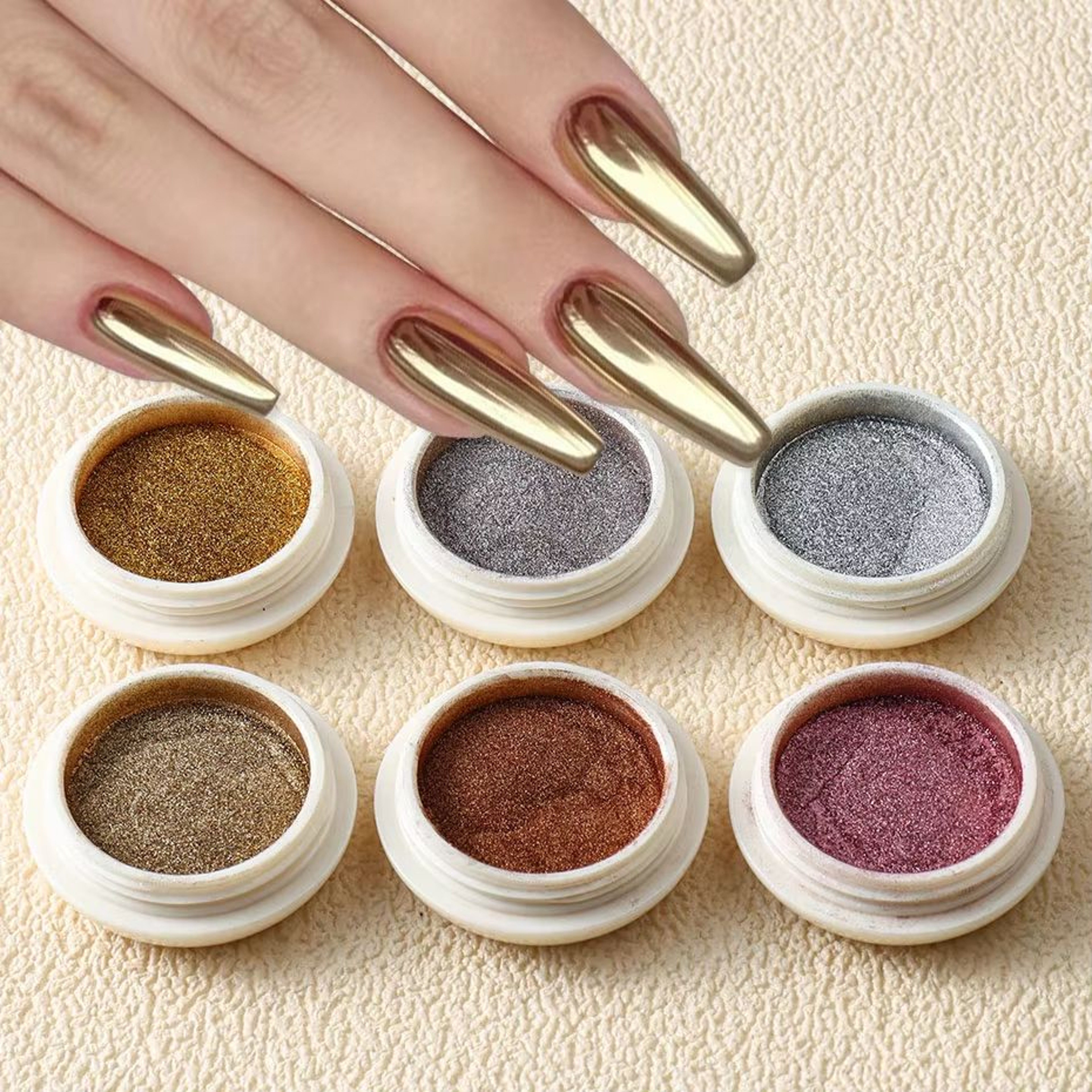 6Piece Metallic Mirror Nail Art Dust Set With Chrome Glitter Pigments 0