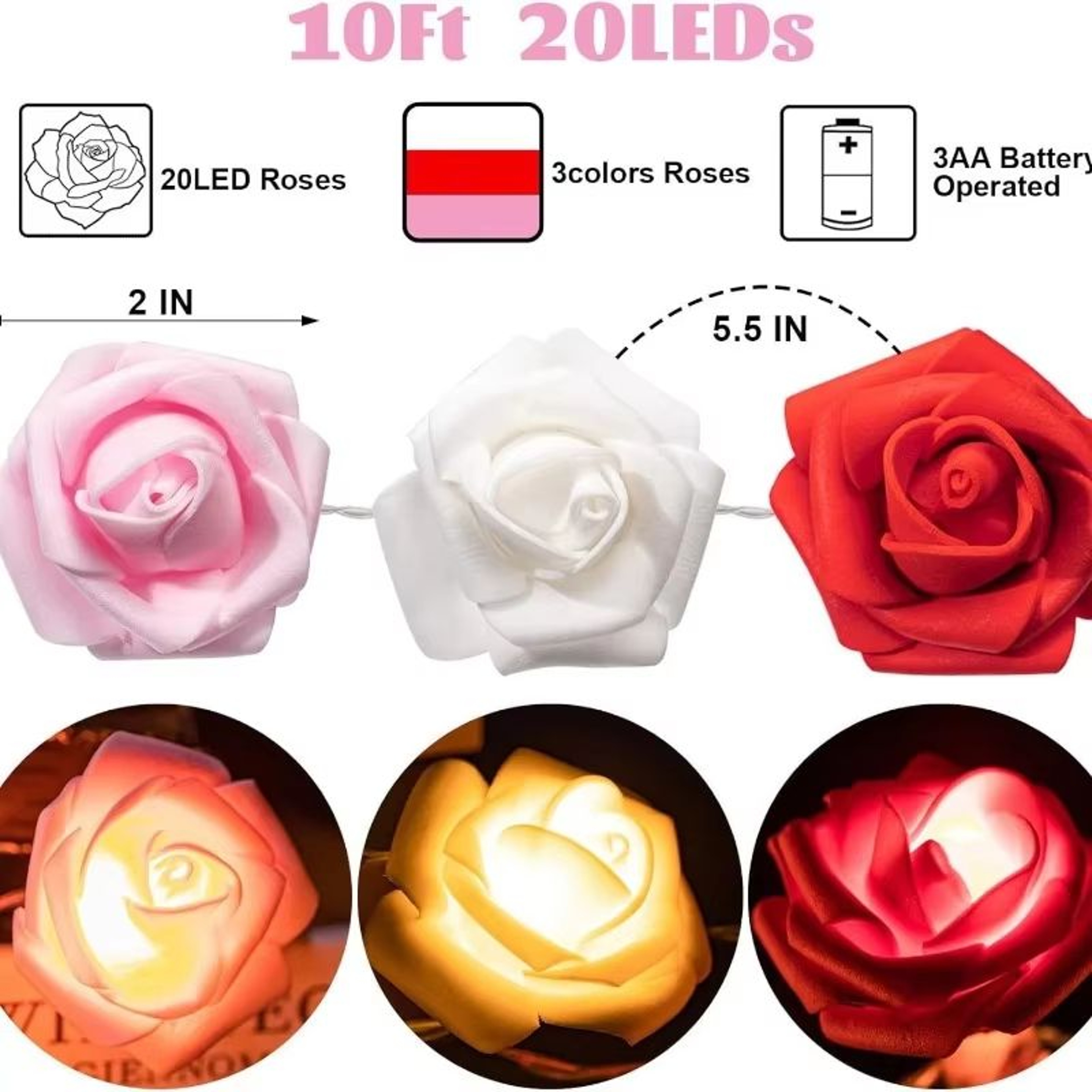 Battery Operated Rose Flower String Lights 984ft 20 LEDs Romantic Artificial Rose Garland 3